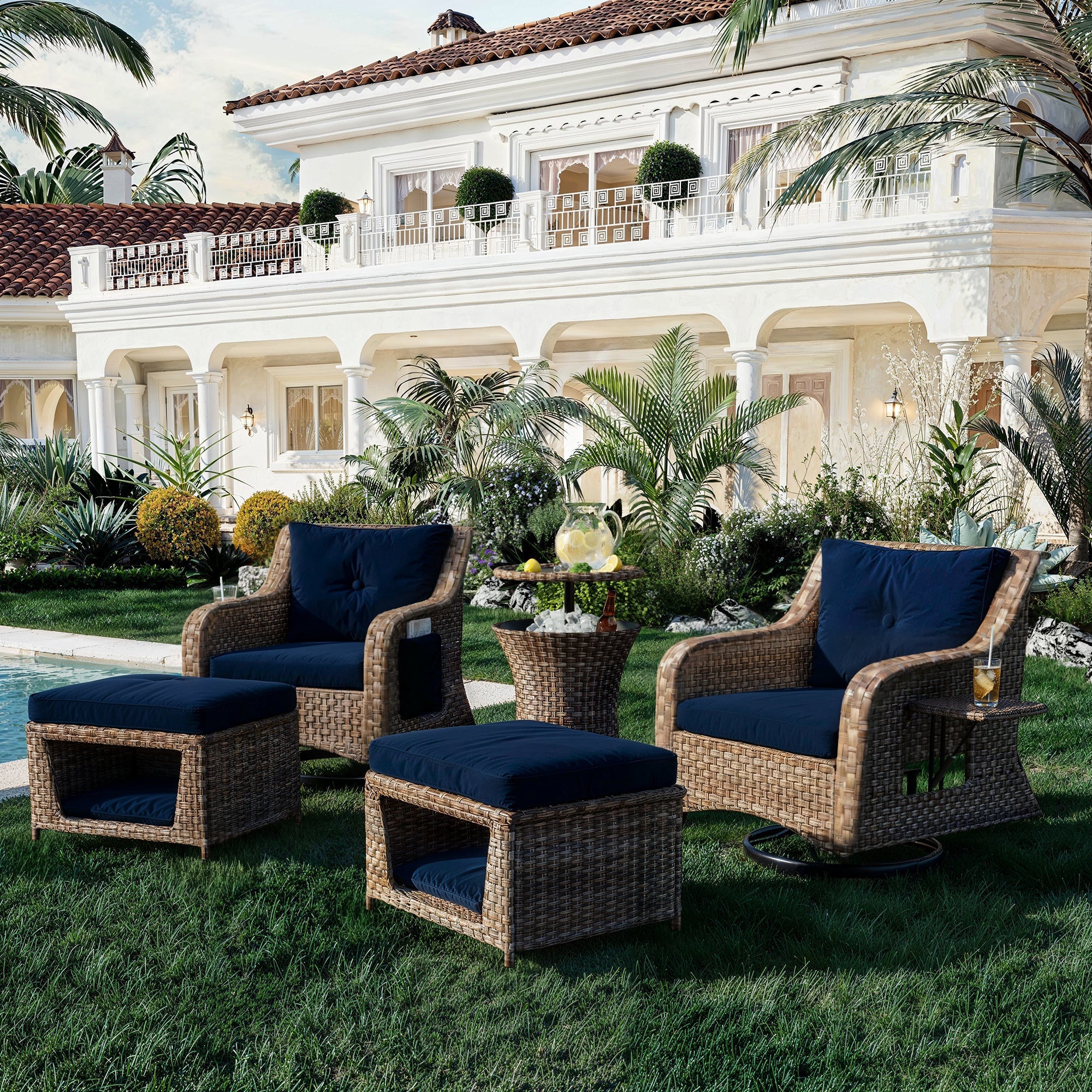 5 Pieces Outdoor Patio Furniture Set with Pet House Cool Bar and Retractable Side Tray, Rattan Wicker Patio Swivel Rocking Chairs Set of 2 with Ottomans for Backyard, Porch, Balcony, Navy Blue image 1