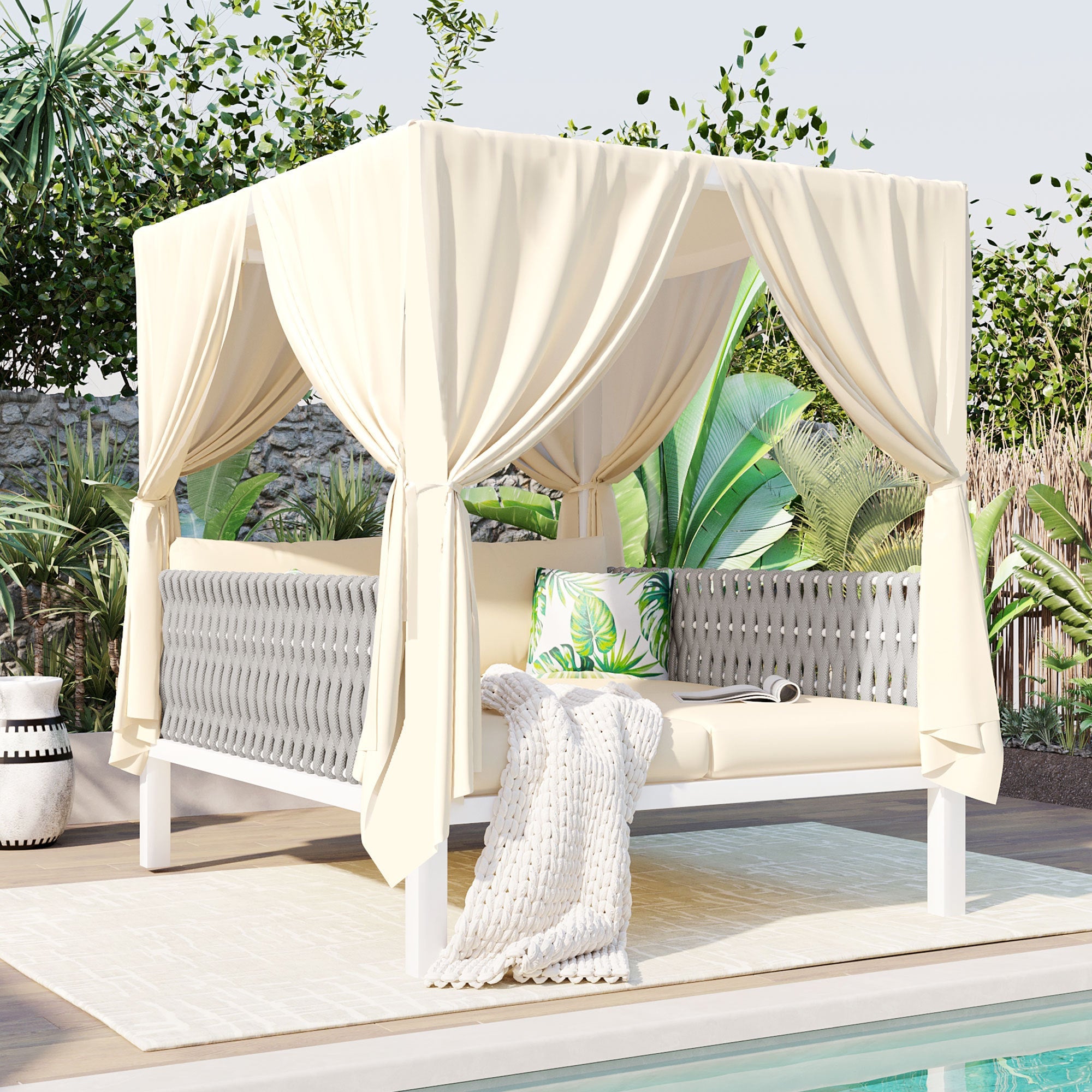 Outdoor Patio Sunbed with Curtains, High Comfort, Suitable for Multiple Scenarios image 1