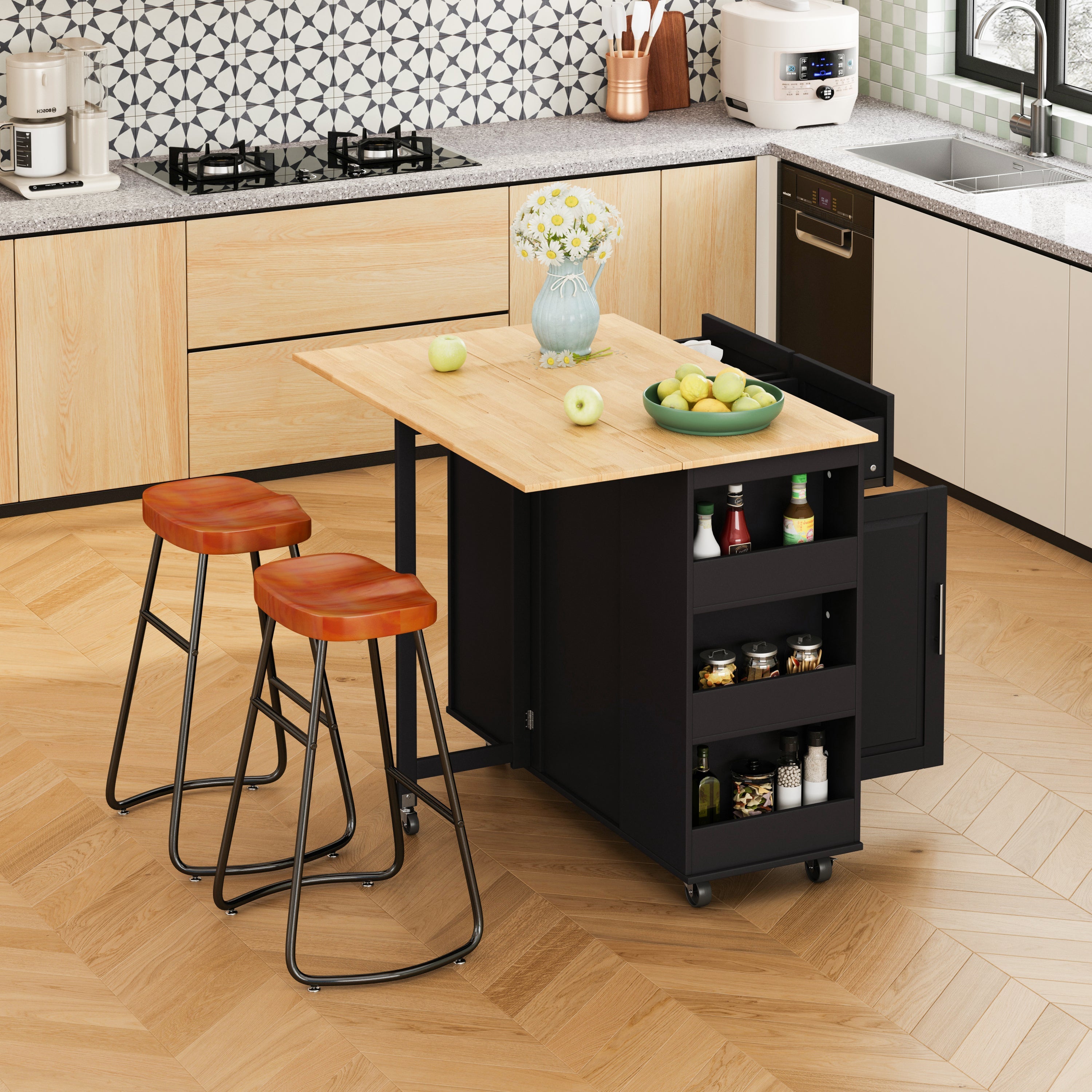Multi-Functional Kitchen Island Cart with Stylish and Minimalist Bar Stools, Combination Set, Convenient and Practical (Black Kitchen Island + Brown Bar Stools) image 1