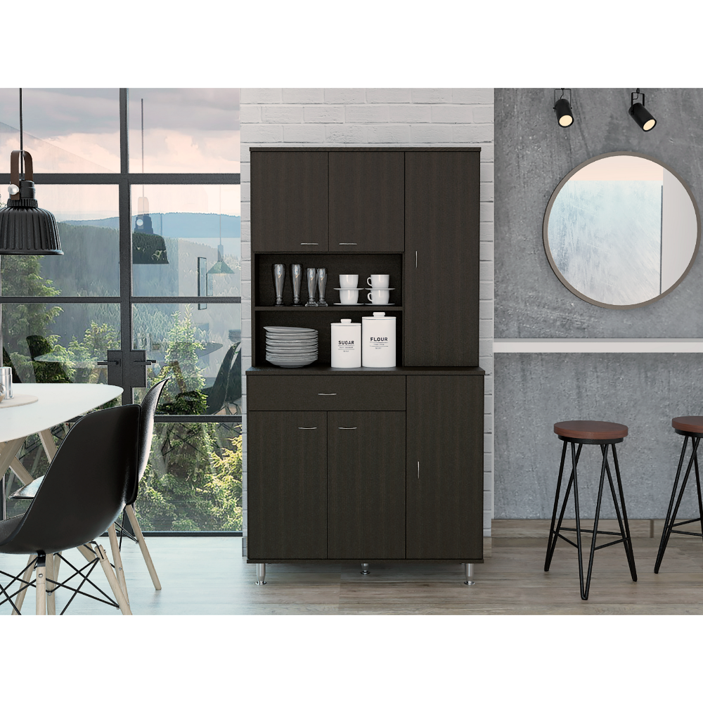 Della 90 Kitchen Pantry, One Drawer, Multiple Cabinets, Two Open Shelves -Black image 1