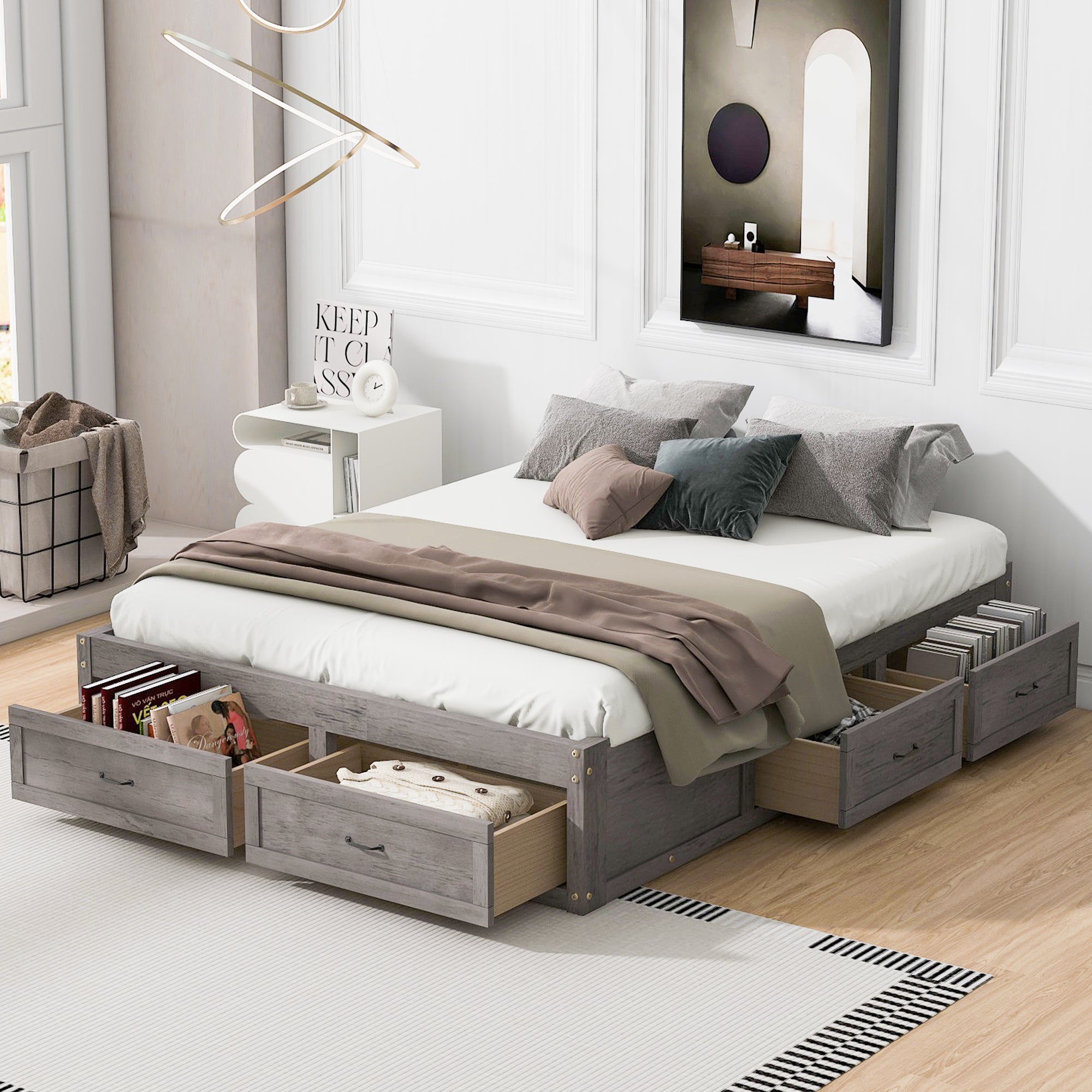 Queen Size Platform Bed with 6 Storage Drawers,Antique Gray image 1