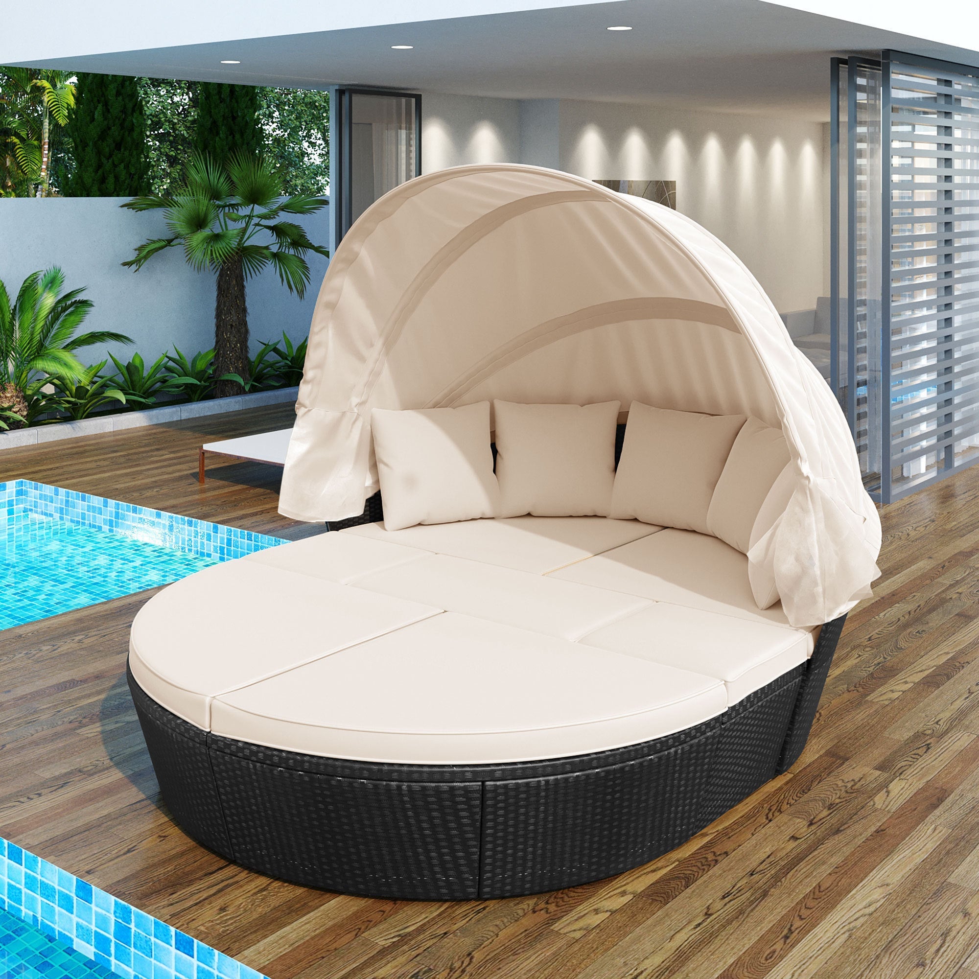 GO Outdoor rattan daybed sunbed with Retractable Canopy Wicker Furniture, Round Outdoor Sectional Sofa Set, black Wicker Furniture Clamshell Seating with Washable Cushions, Backyard, Porch, Beige image 1