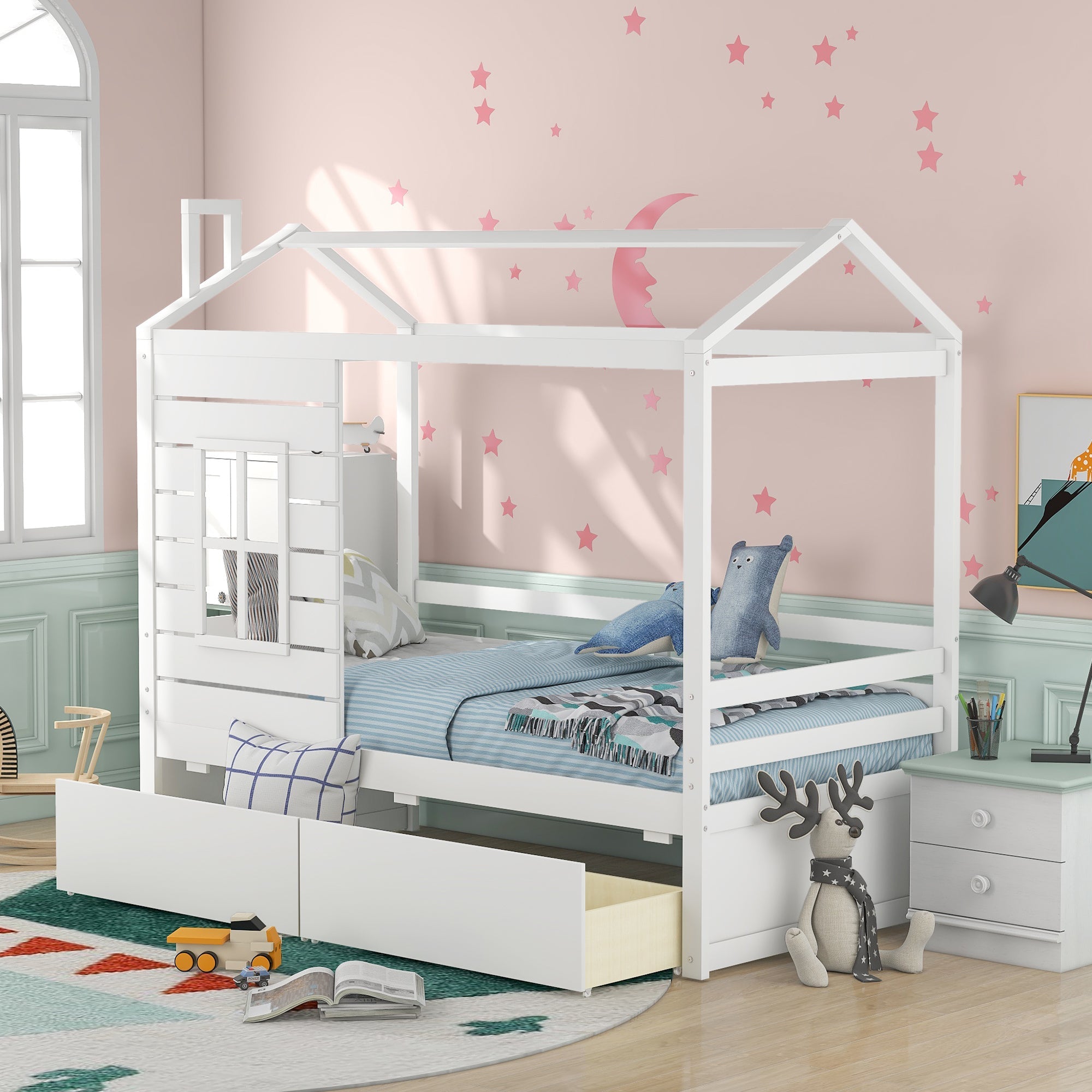 Twin Size House Bed Wood Bed with Two Drawers (White) image 1