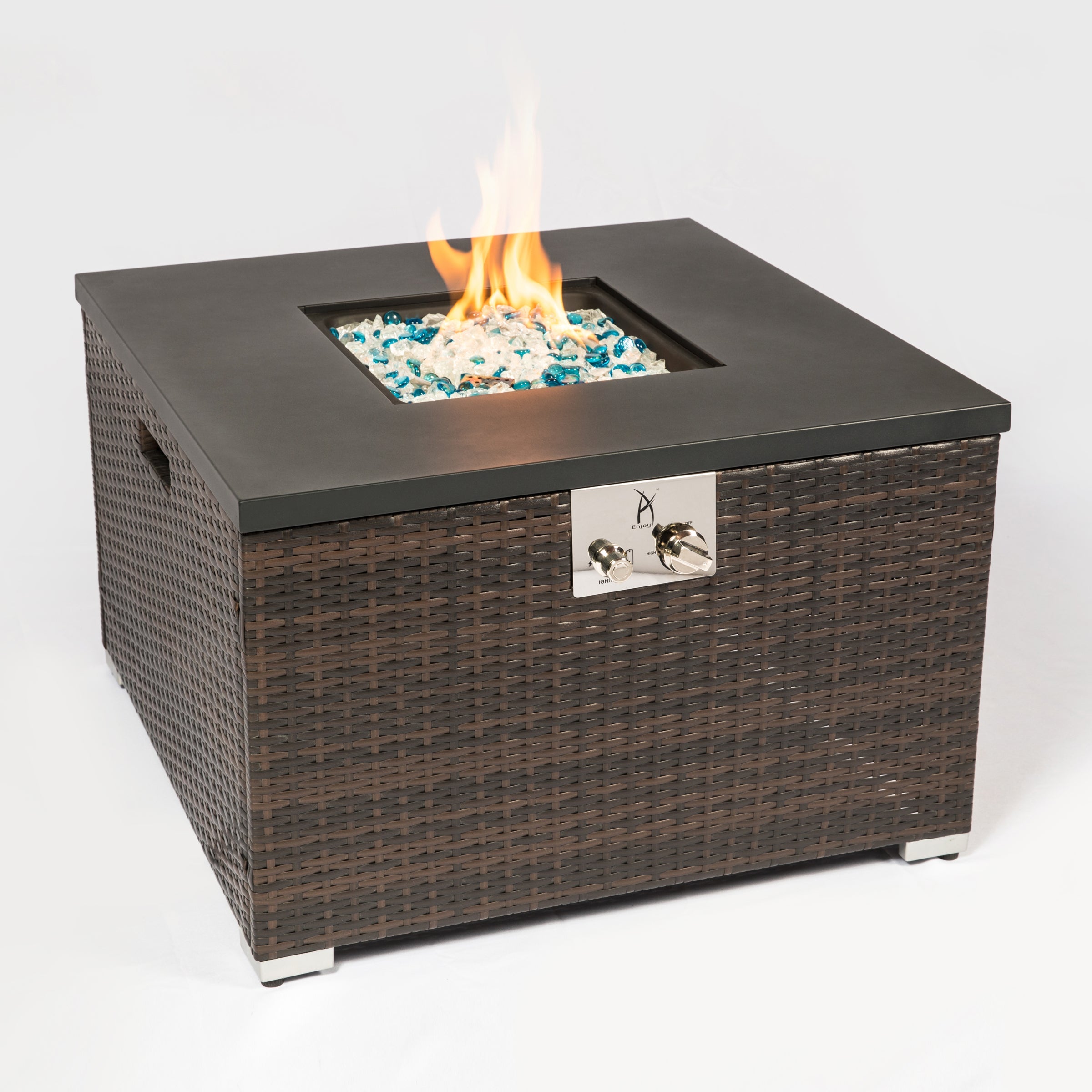 Outdoor Gas Fire Pit Square Dark Brown Wicker Fire Pit Table Propane Fire Table with Glass Rocks image 1