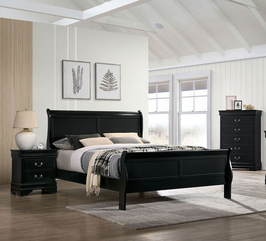 Queen Size Bed Black Louis Phillipe Solidwood 1pc Bed Bedroom Sleigh Bed image 1