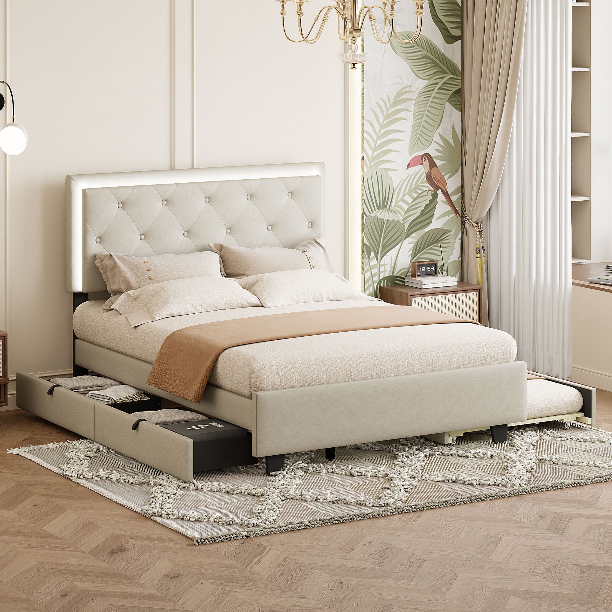 Queen Size Velvet Storage Platform Bed, with 2 Big Drawers, Twin XL Size Trundle and LED Light, Beige image 1