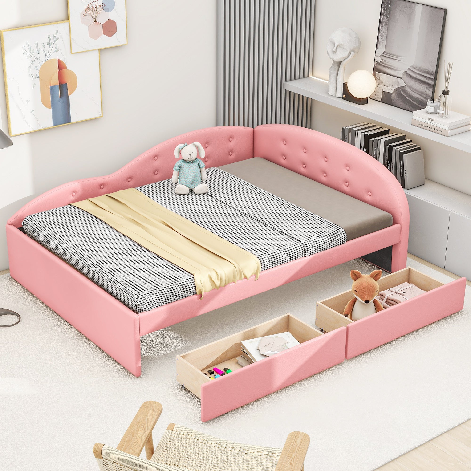 Full Size PU Upholstered Tufted Daybed with Two Drawers and Cloud Shaped Guardrail, Pink image 1