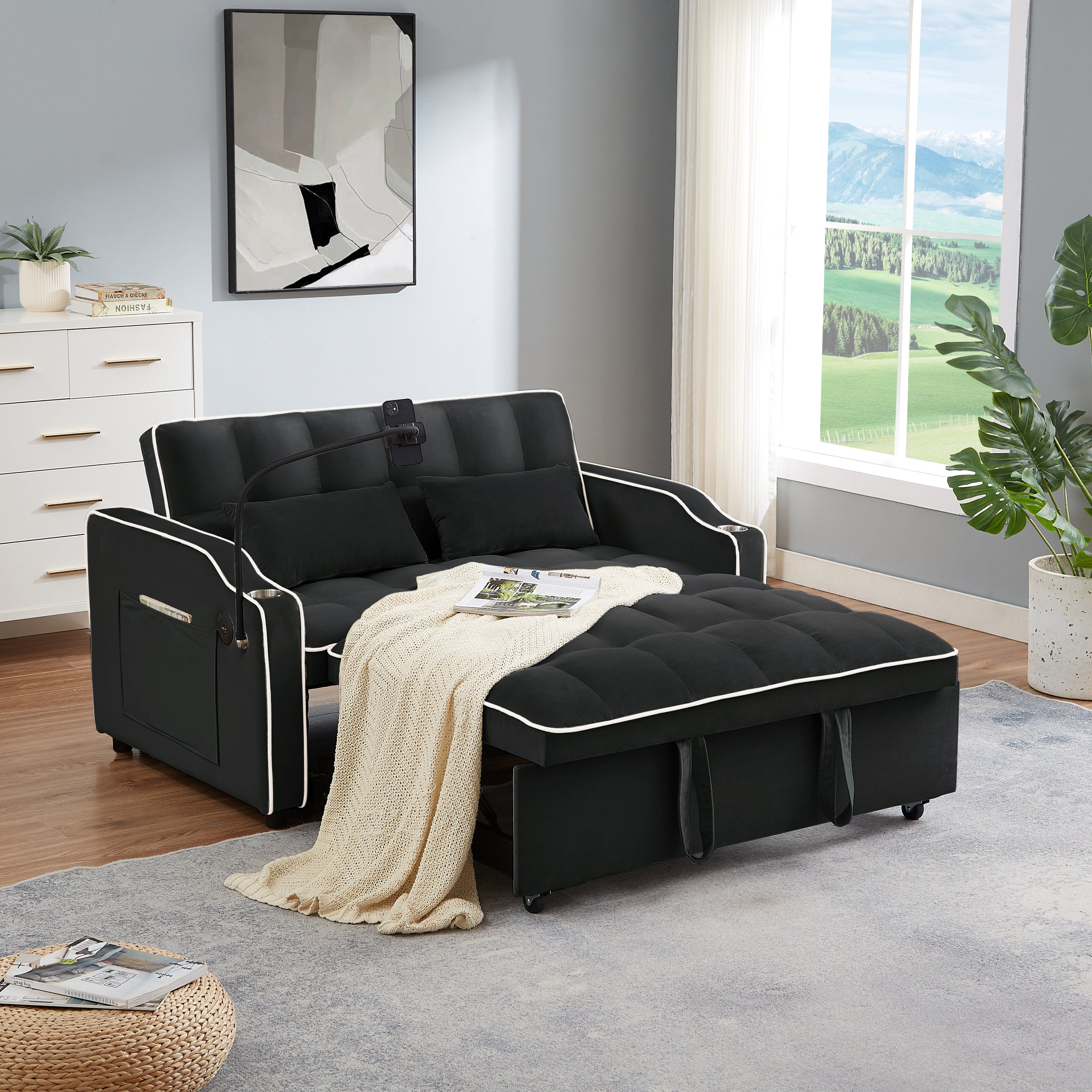 1 versatile foldable sofa bed in 3 lengths, modern sofa sofa sofa velvet pull-out bed, adjustable back and with USB port and ashtray and swivel phone stand (black) image 1