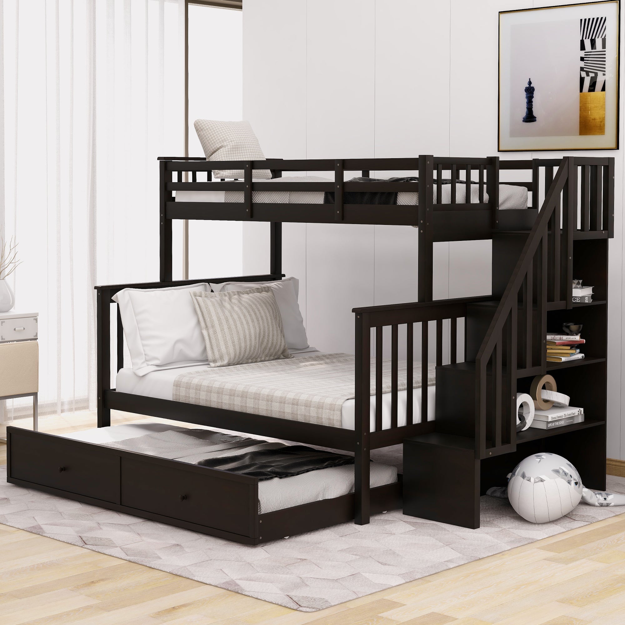 Twin-Over-Full Bunk Bed with Twin size Trundle, Storage and Guard Rail for Bedroom, Dorm, for Adults, Espresso image 1
