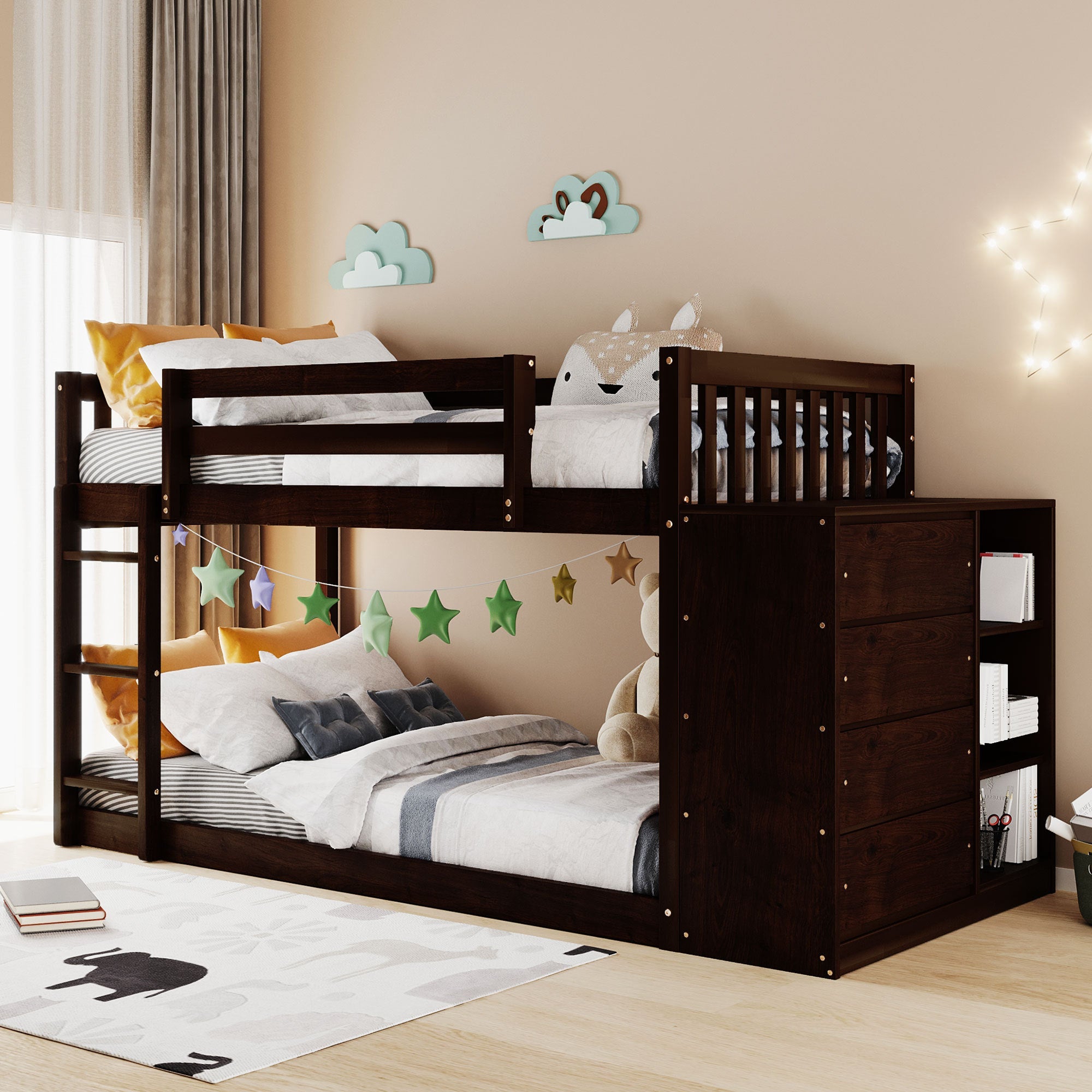 Twin over Twin Bunk Bed with 4 Drawers and 3 Shelves-Espresso image 1
