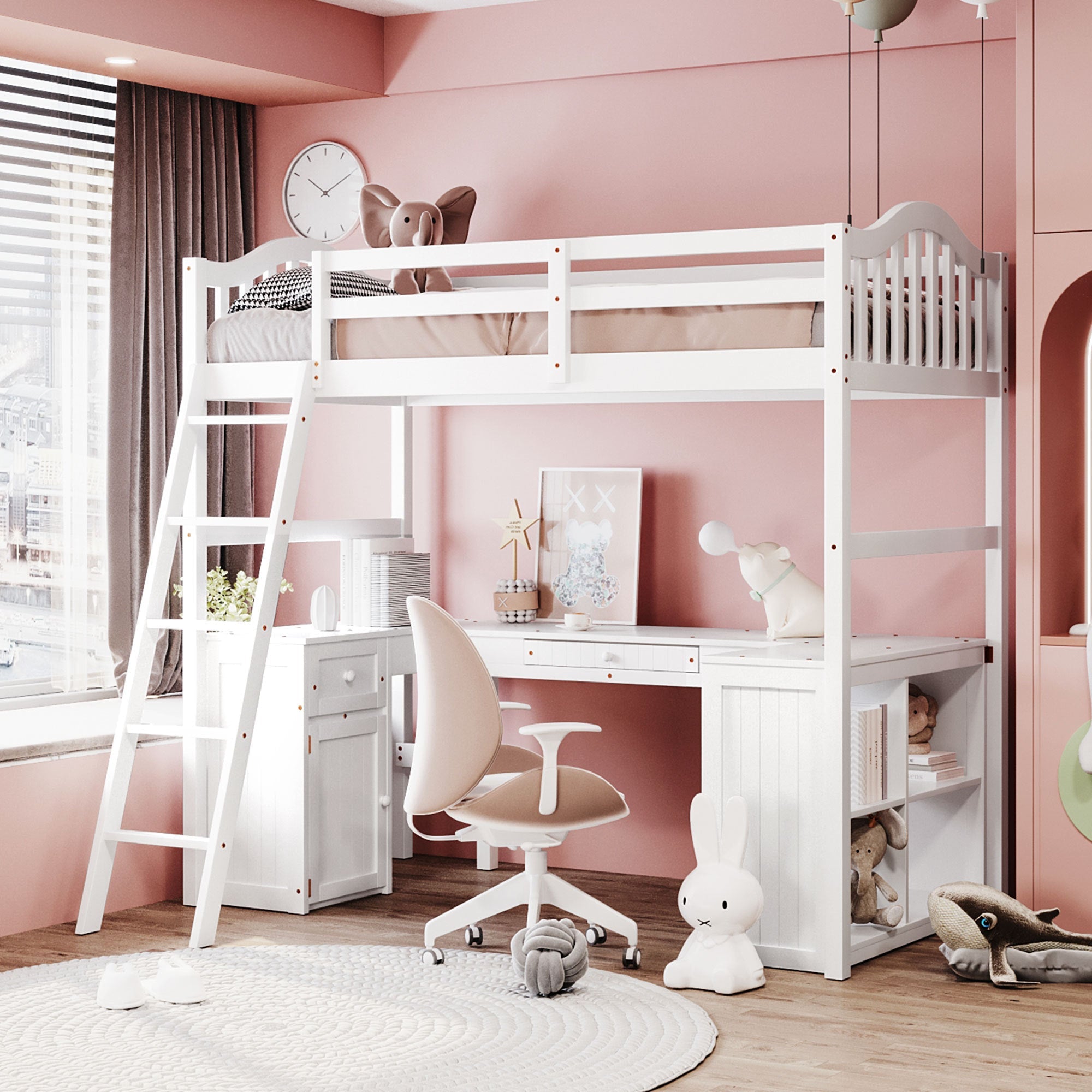Twin size Loft Bed with Drawers, Cabinet, Shelves and Desk, Wooden Loft Bed with Desk - White image 1