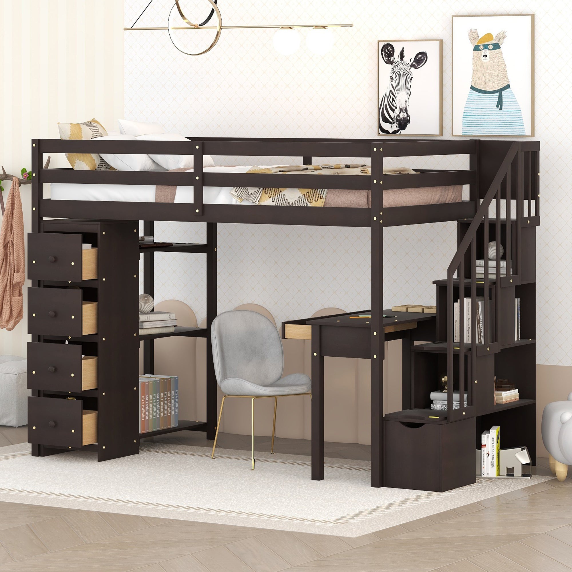Twin size Loft Bed with Storage Drawers, Desk and Stairs, Wooden Loft Bed with Shelves - Espresso image 1