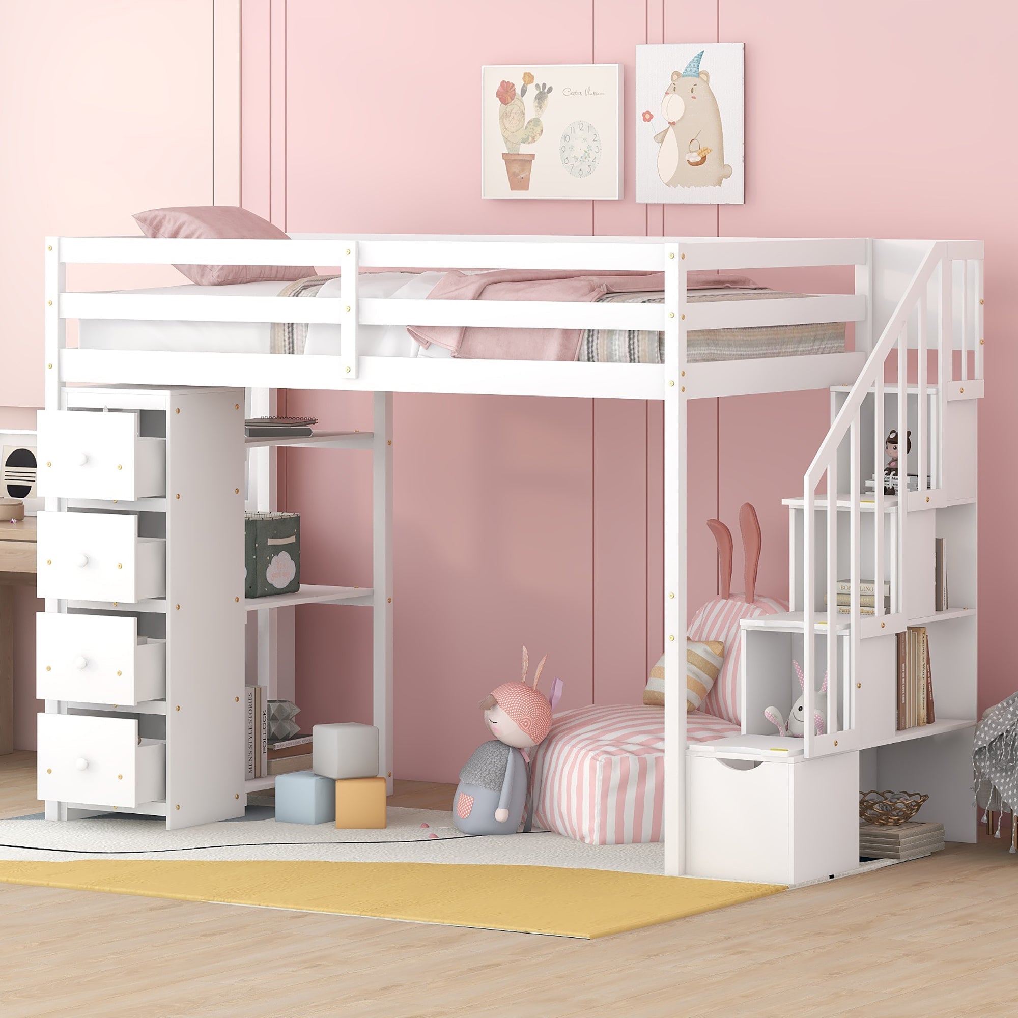 Twin size Loft Bed with Storage Drawers and Stairs, Wooden Loft Bed with Shelves - White image 1