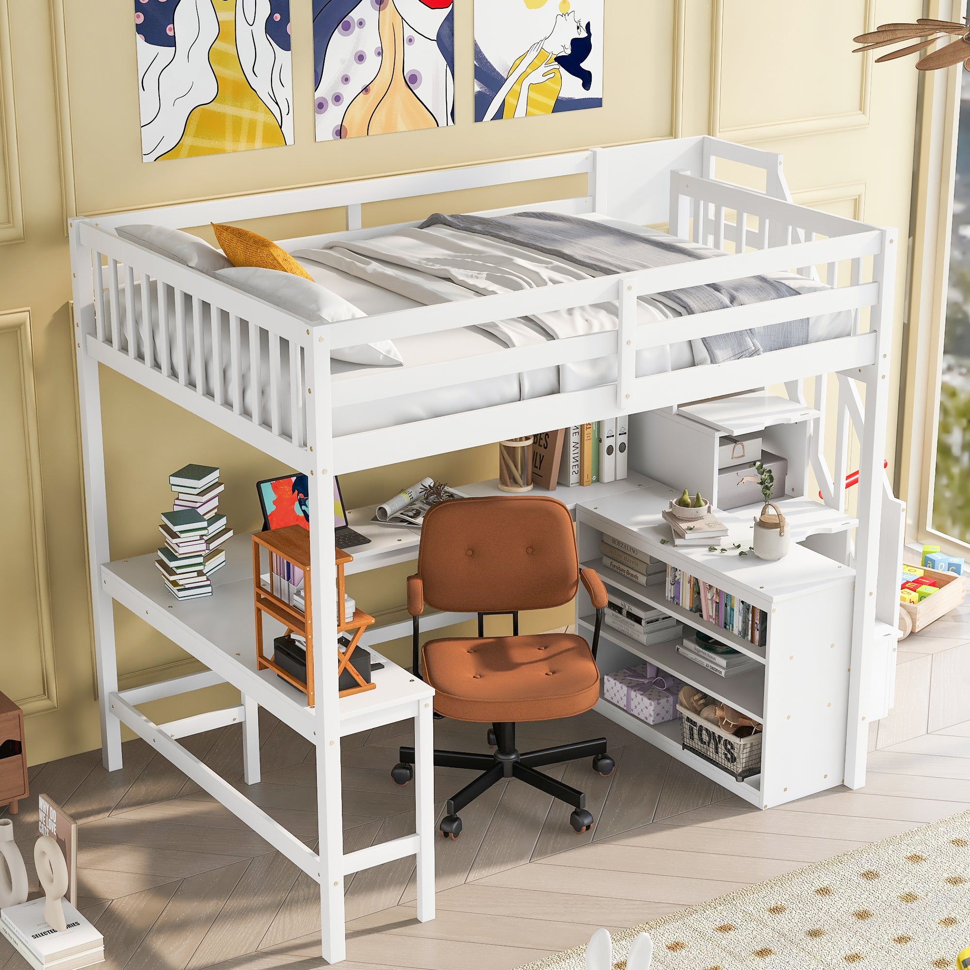 Full Size Loft Bed with Built-in L-Shaped Desk and Three-Tier Storage Shelves,and Attached Storage Staircase, White image 1