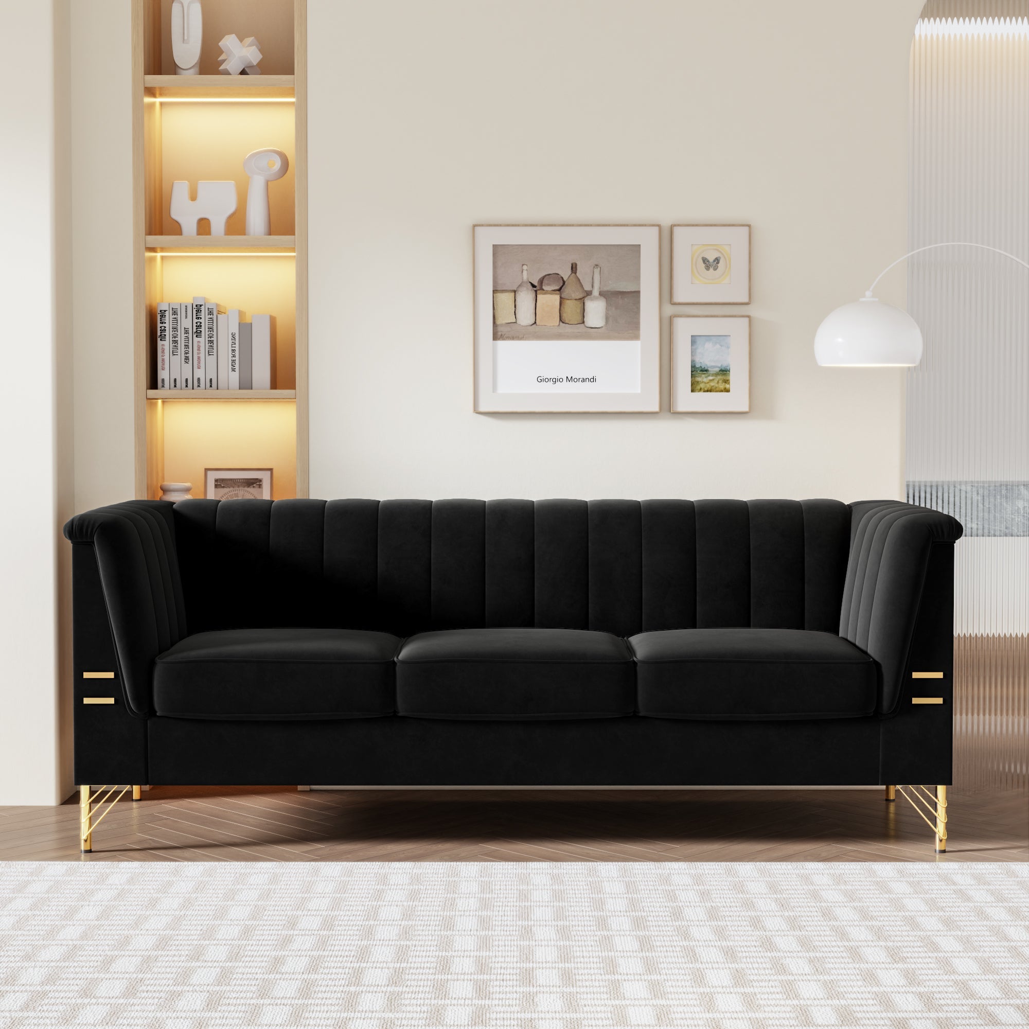 FX-P82-BK(SOFA)-Modern Sofa Couches for Living Room, 82.67Inches Velvet Velvet Tight Back Chesterfield design Couch Upholstered Sofa with Metal Legs Decor Furniture for Bedroom image 1
