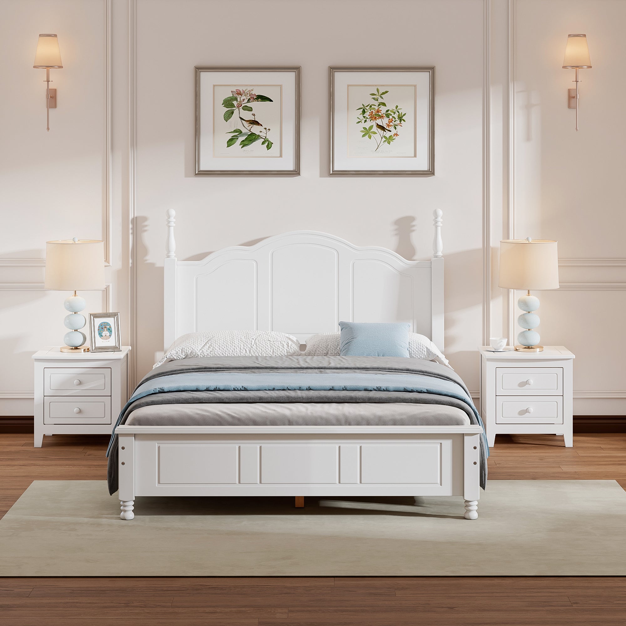 3-Pieces Bedroom Sets,Full Size Wood Platform Bed and Two Nightstands-White image 1