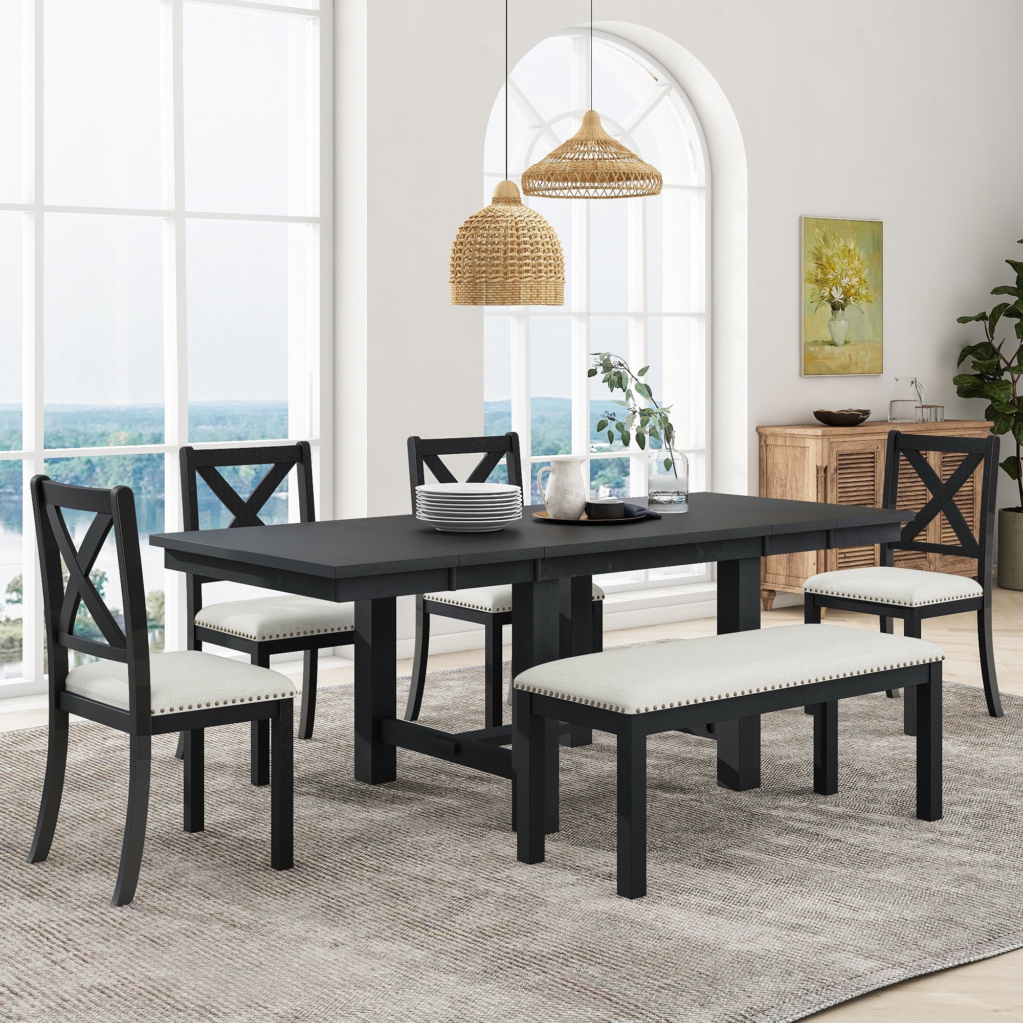 Farmhouse 82inch 6-Piece Extendable Dining Table with Footrest, 4 Upholstered Dining Chairs and Dining Bench, Two 11