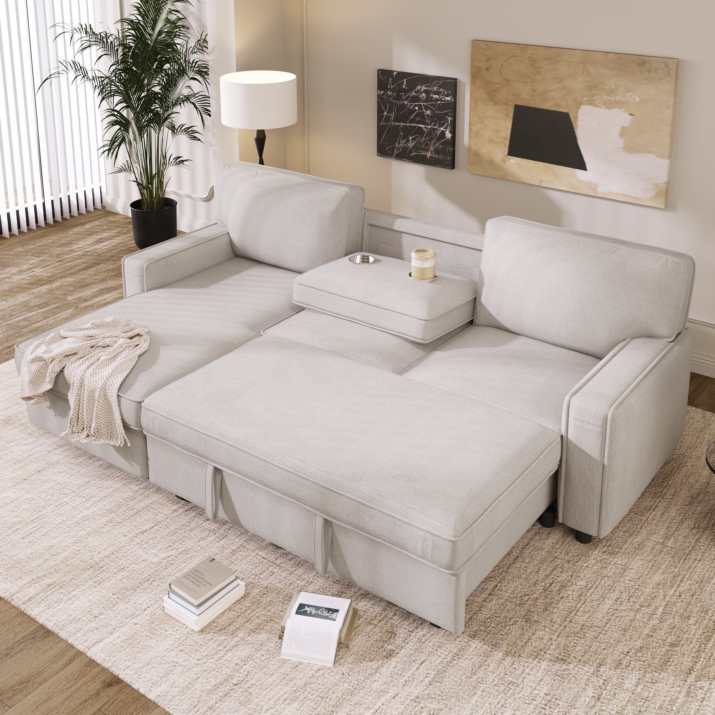 Upholstery Sleeper Sectional Sofa with Storage Space, USB port, 2 cup holders on Back Cushions image 1