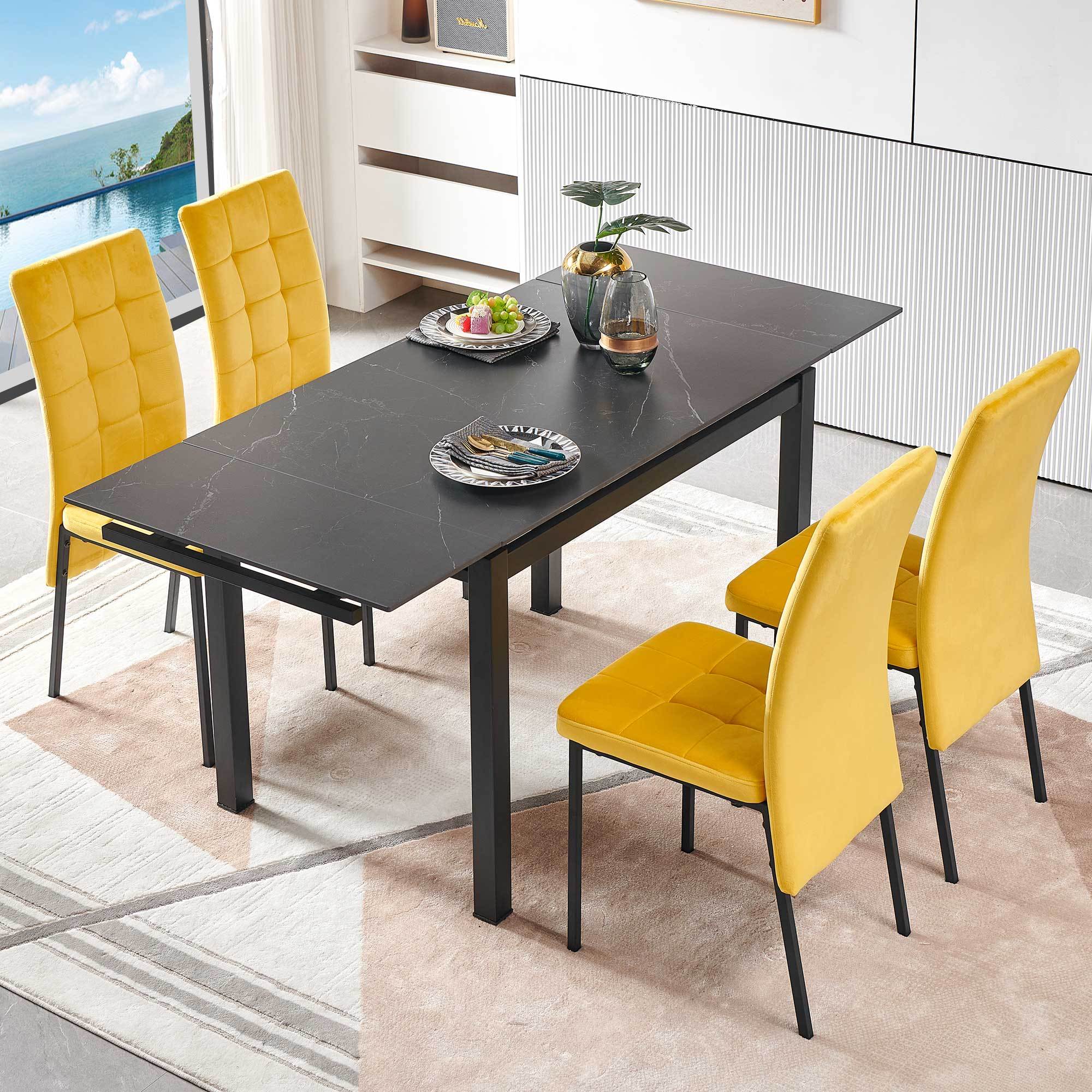 5-Pieces Functional Retractable Ceramic Table Dining Table Dining Set Including Yellow Velvet High Back Black Color Legs for Living Room,Dining Room,Kitchen image 1