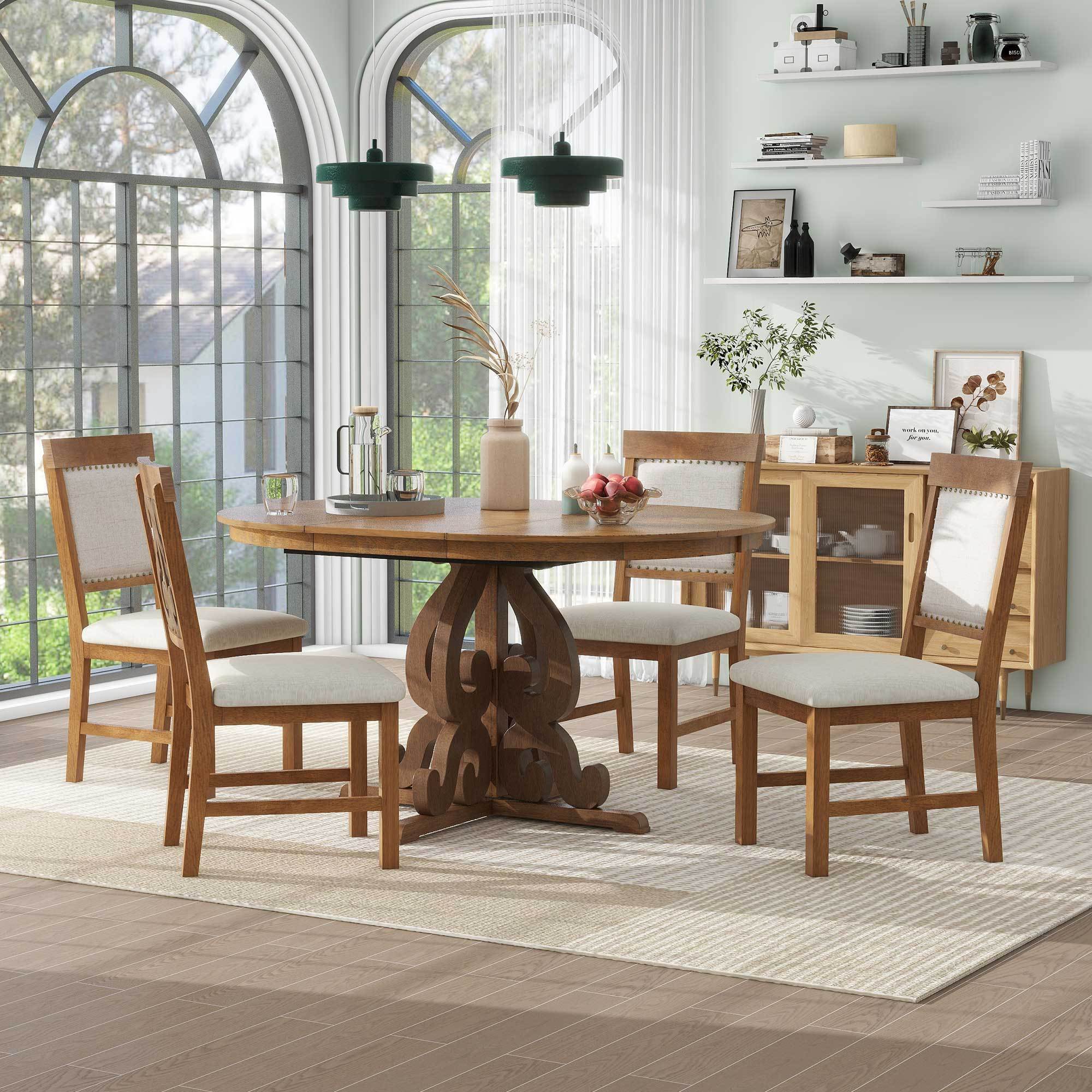 5-Piece Retro Functional Dining Set, 1 Extendable Table with a 16-inch Leaf and 4 Upholstered Chairs for Dining Room and Kitchen (Walnut) image 1