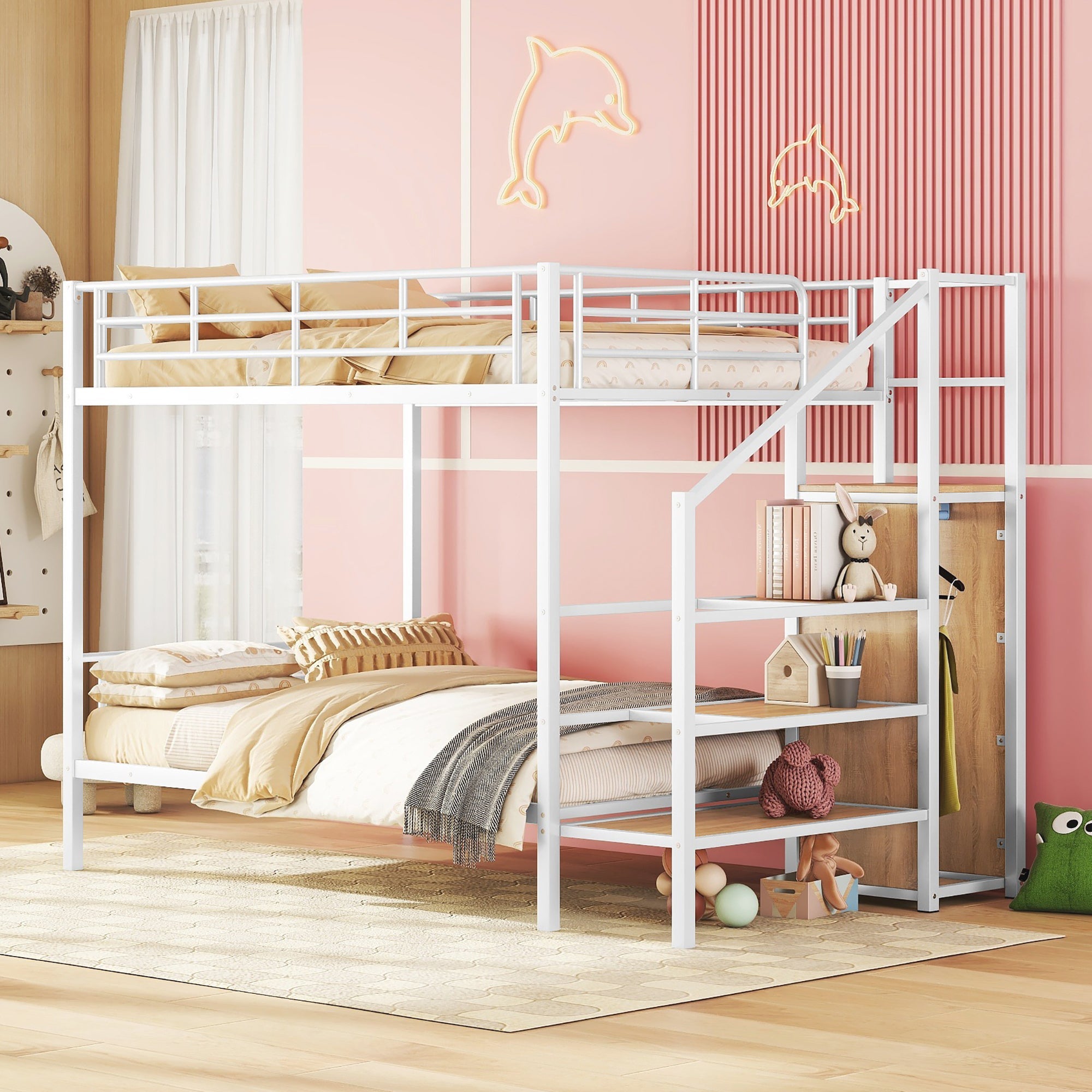 Full Over Full Metal Bunk Bed with Lateral Storage Ladder and Wardrobe, White image 1