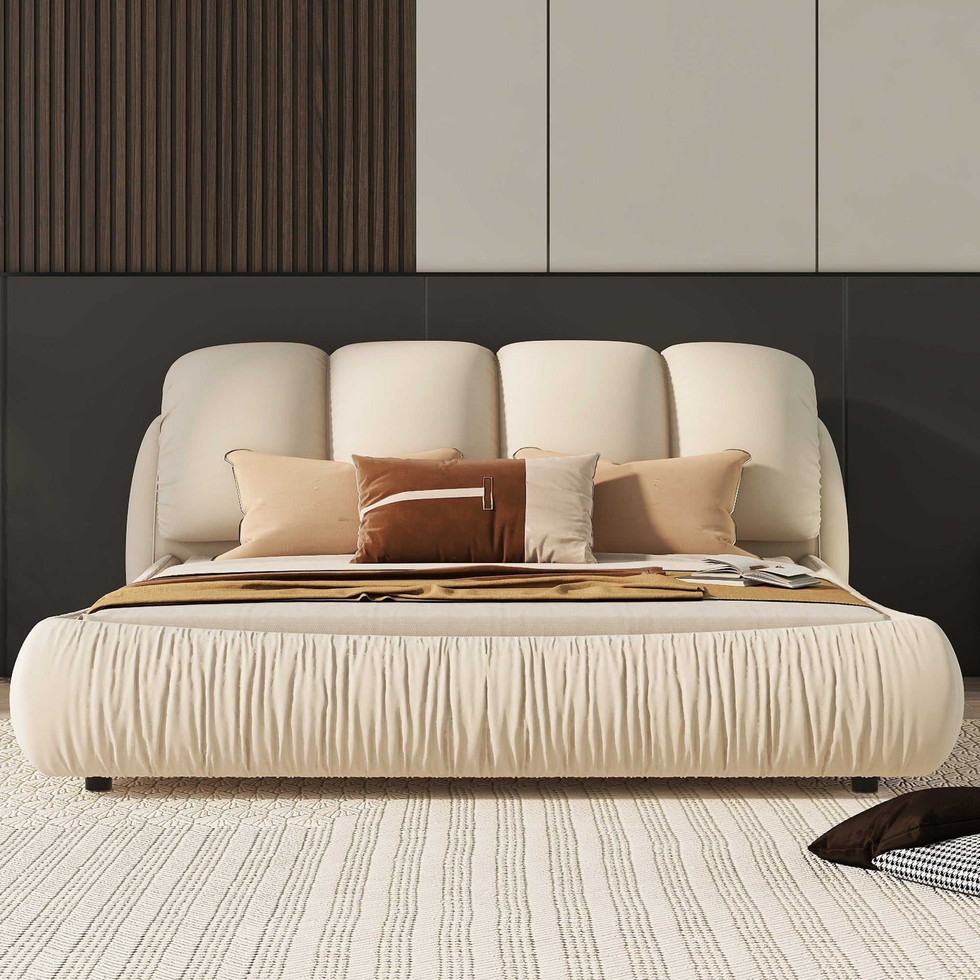 Queen Size Luxury Upholstered Bed With Thick Headboard, Velvet Queen Bed with Oversized Padded Backrest, Beige image 1