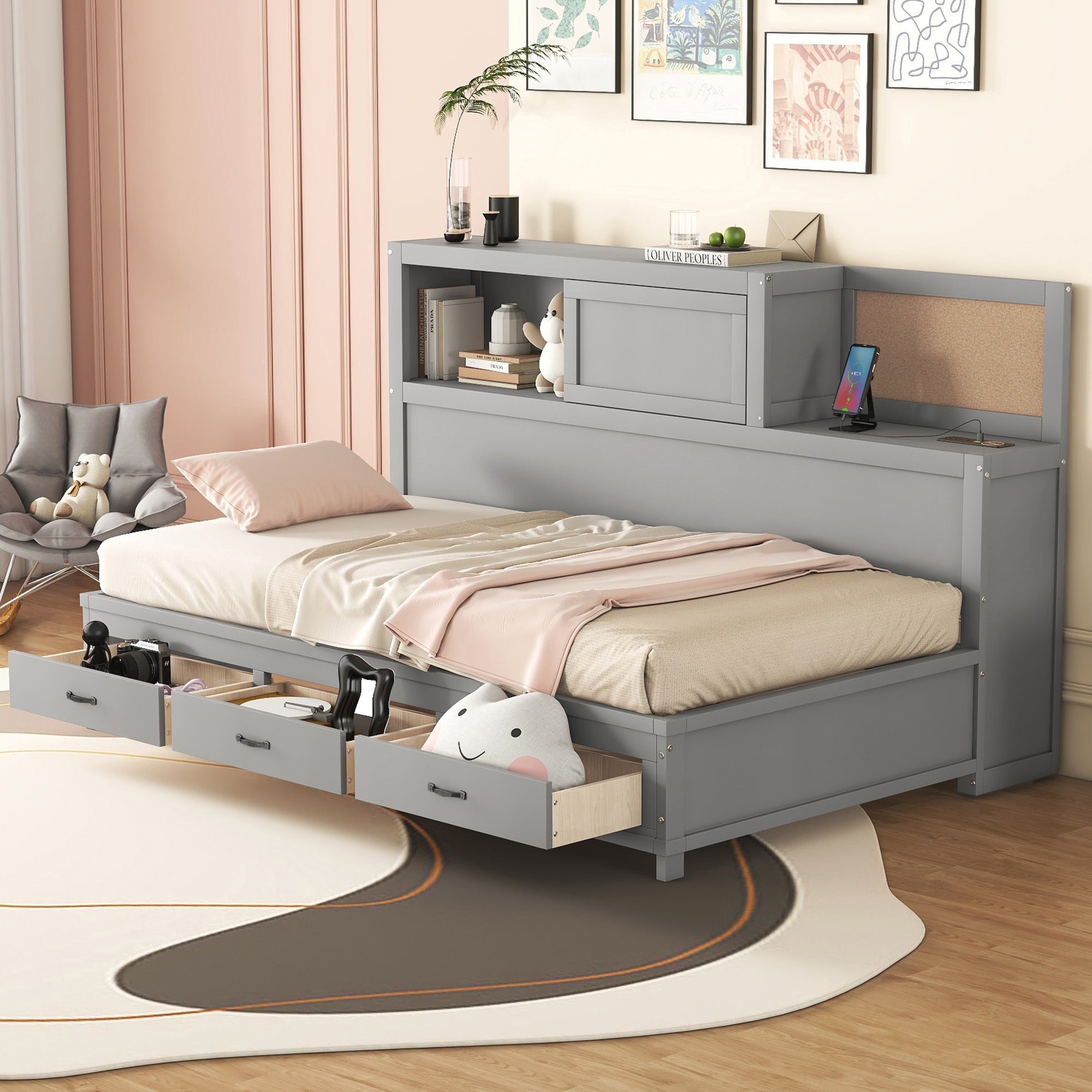 Twin Size Wooden Daybed with 3 Storage Drawers, Upper Soft Board, shelf, and a set of Sockets and USB Ports, Gray image 1