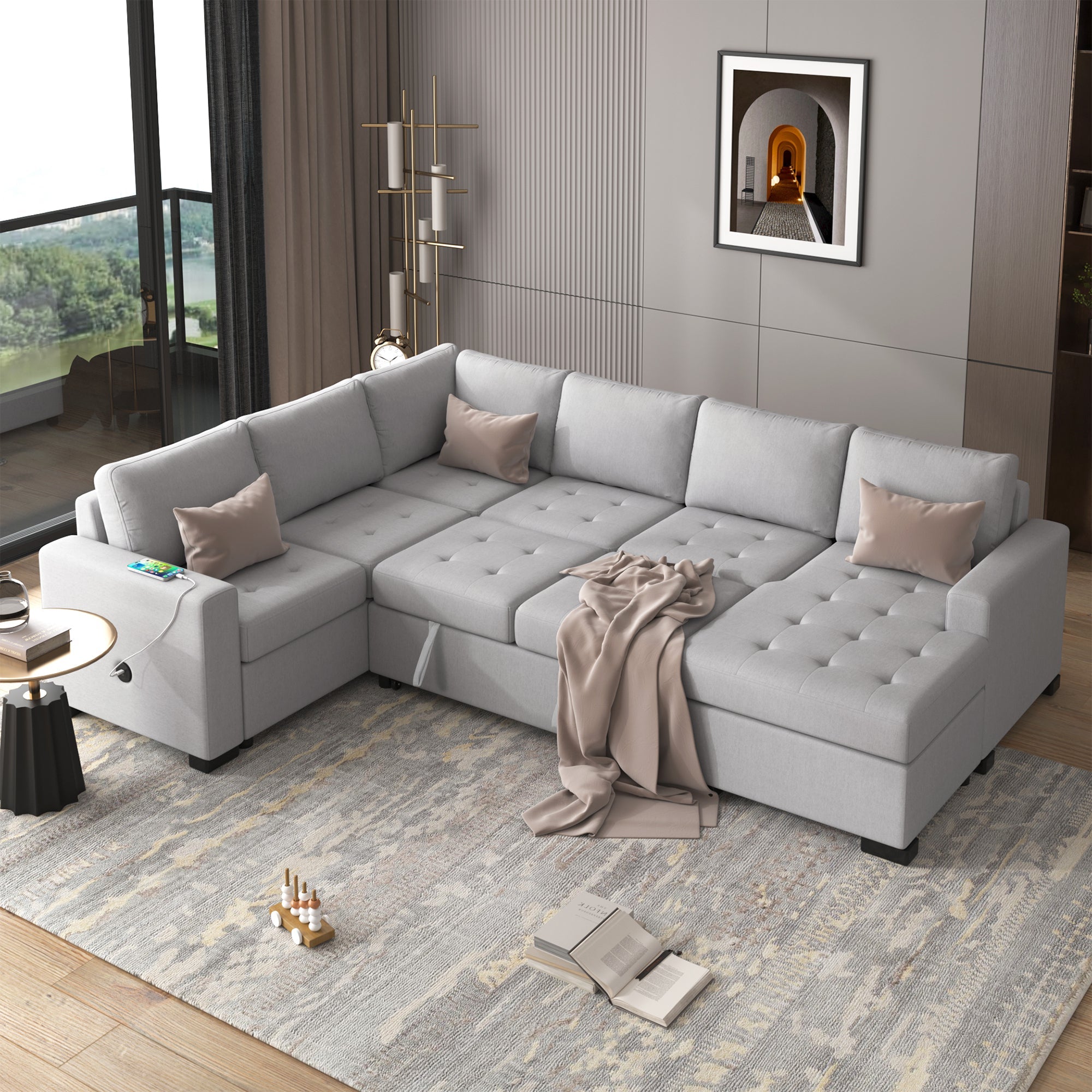 Sectional Sleeper Sofa with Pull-out Bed and Lounge Chair, USB and Type-C Interfaces, Suitable for Living Room, Office, and Spacious Spaces image 1