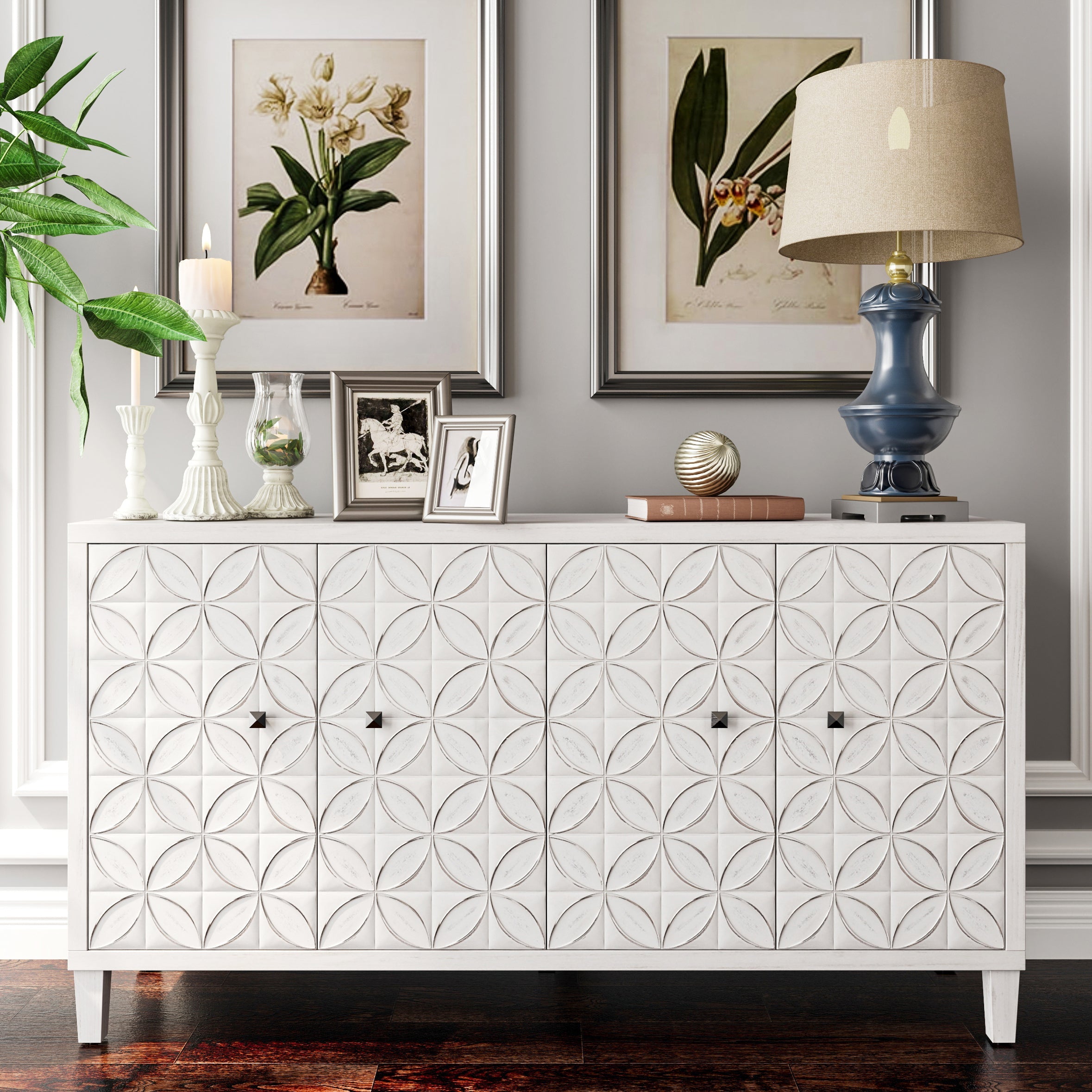 Accent Cabinet 4 Door Wooden Cabinet Sideboard Buffet Server Cabinet Storage Cabinet, for Living Room, Entryway, Hallway, Office, Kitchen and Dining Room, White Wash image 1