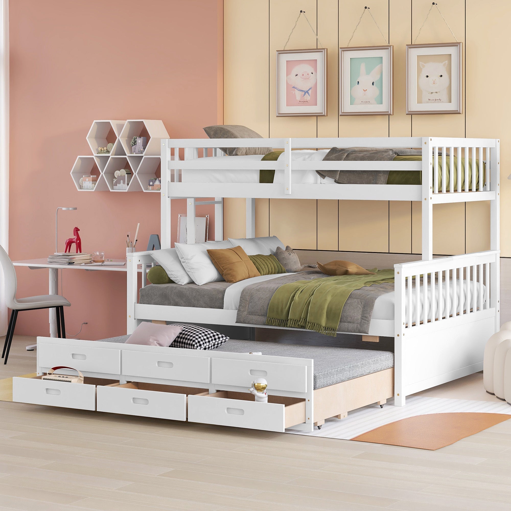 Twin-Over-Full Bunk Bed with Twin size Trundle, Separable Bunk Bed with Drawers for Bedroom - White image 1