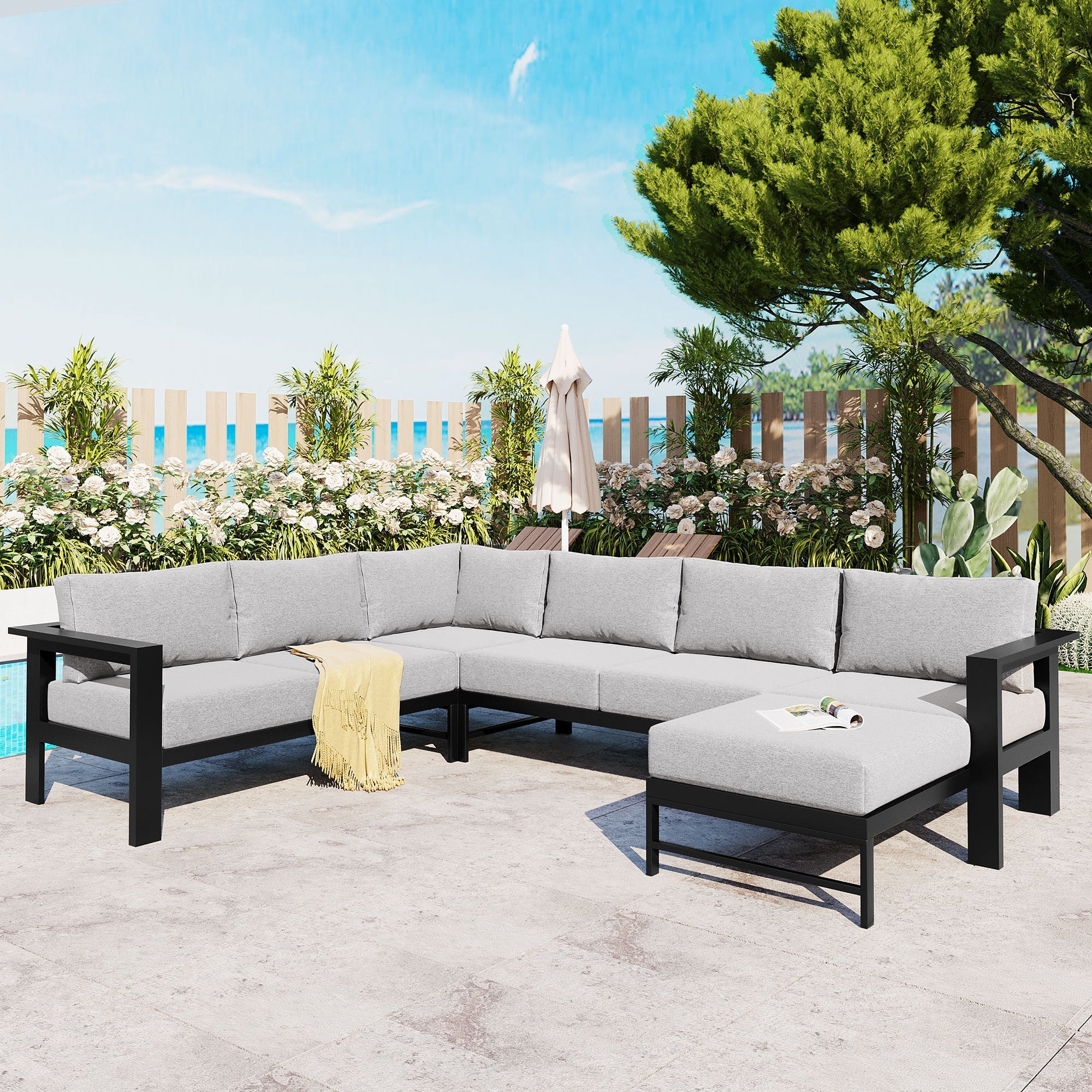 U-shaped multi-person outdoor sofa set, suitable for gardens, backyards, and balconies. image 1