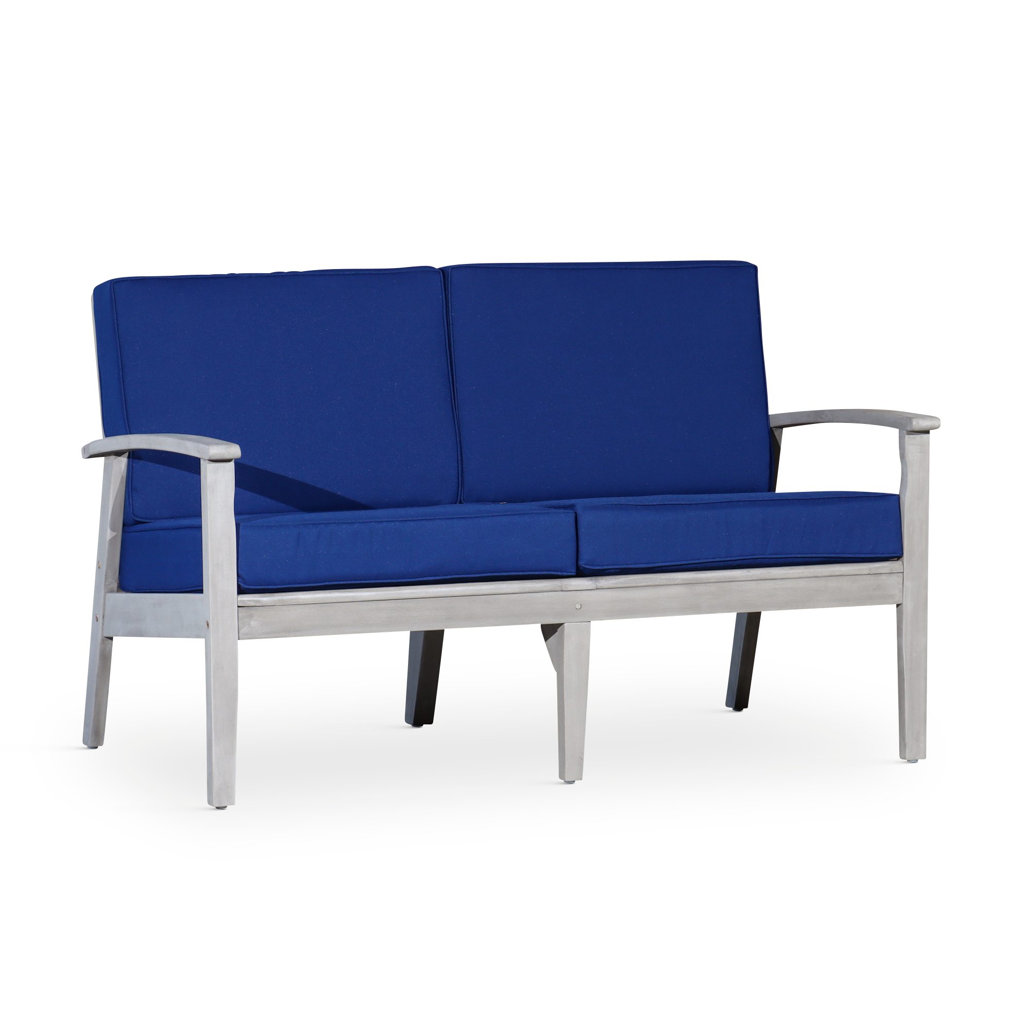 Eucalyptus Loveseat with Cushions, Silver Gray Finish, Navy Cushions image 1