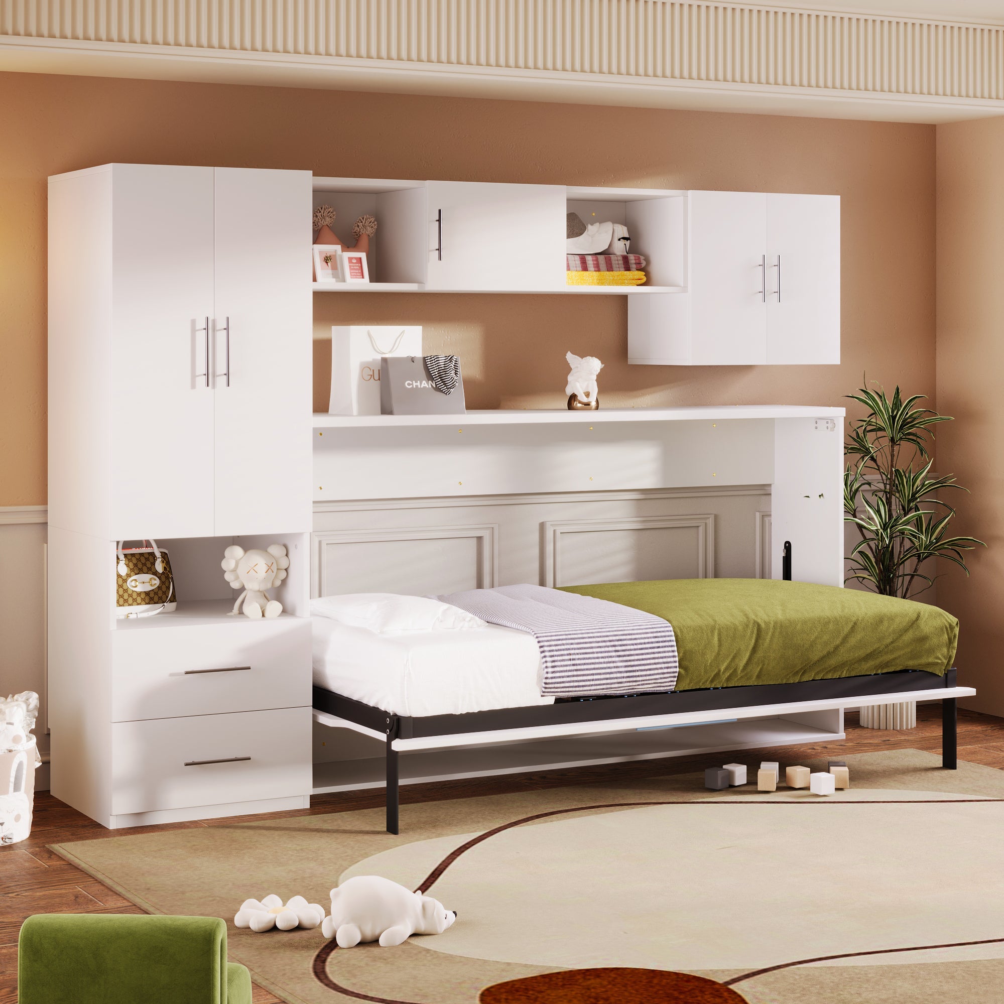 Twin Size Murphy Bed with Open Shelves and Storage Drawers,Built-in Wardrobe and Table, White image 1