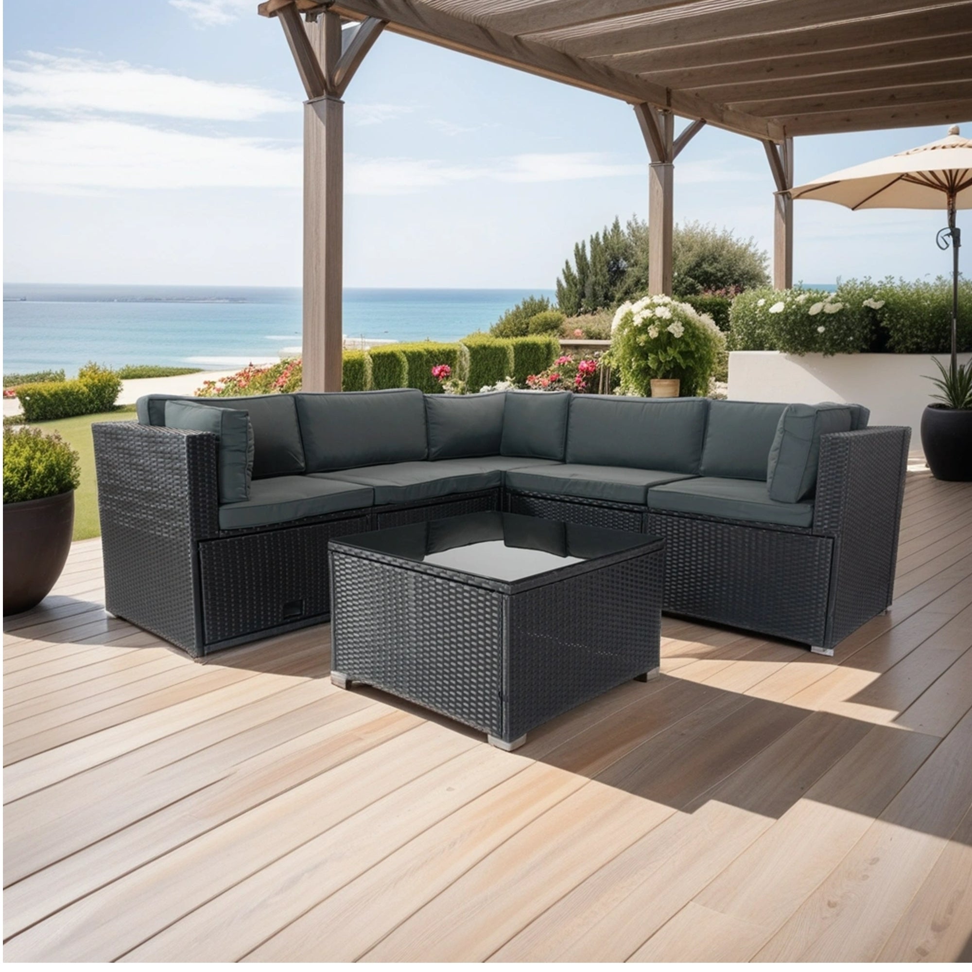 6 Pieces PE Rattan sectional Outdoor Furniture Cushioned Sofa Set with 3 Storage Under Seat Black Wicker + Dark Grey Cushion image 1