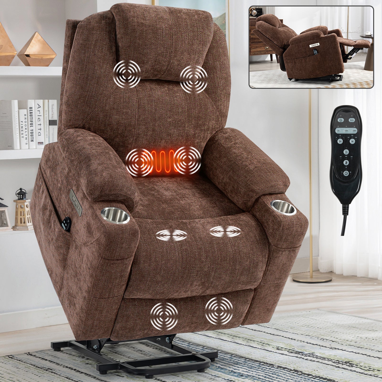 Okin motor Up to 350 LBS Chenille Power Lift Recliner Chair, Heavy Duty Motion Mechanism with 8-Point Vibration Massage and Lumbar Heating, USB and Type-C Ports, Stainless Steel Cup Holders, Brown image 1