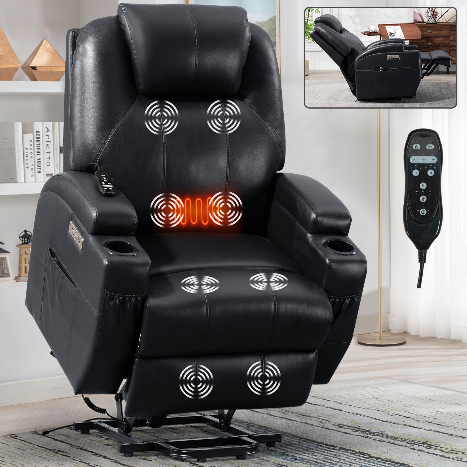Up to 350lbs Okin Motor Power Lift Recliner Chair for Elderly, Heavy Duty Motion Mechanism with 8-Point Vibration Massage and Lumbar Heating, Two Cup Holders and USB Charge Port, Black image 1