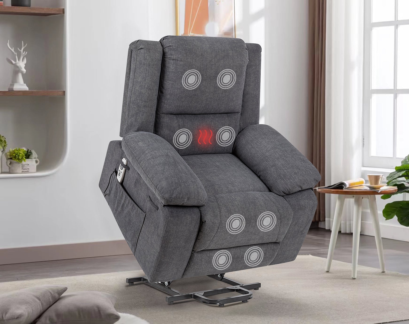 Electric Power Recliner Chair With Massage For Elderly, Remote Control Multi-function Lifting, Timing, Cushion Heating Chair With Side Pocket Dark Grey image 1