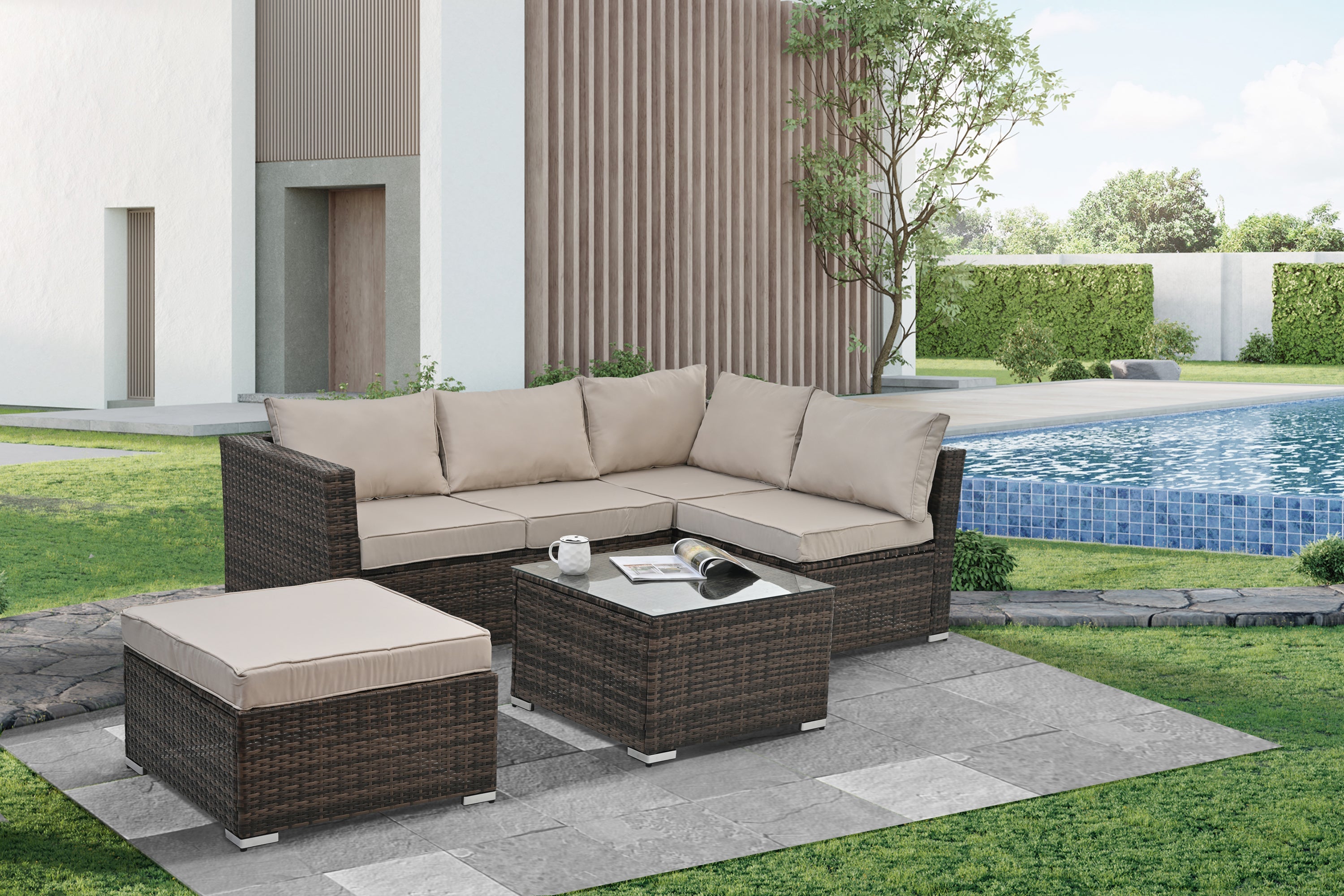 Patio Furniture, Outdoor Furniture, Seasonal PE Wicker Furniture, 4 Set Wicker Furniture With Tempered Glass Coffee Table image 1