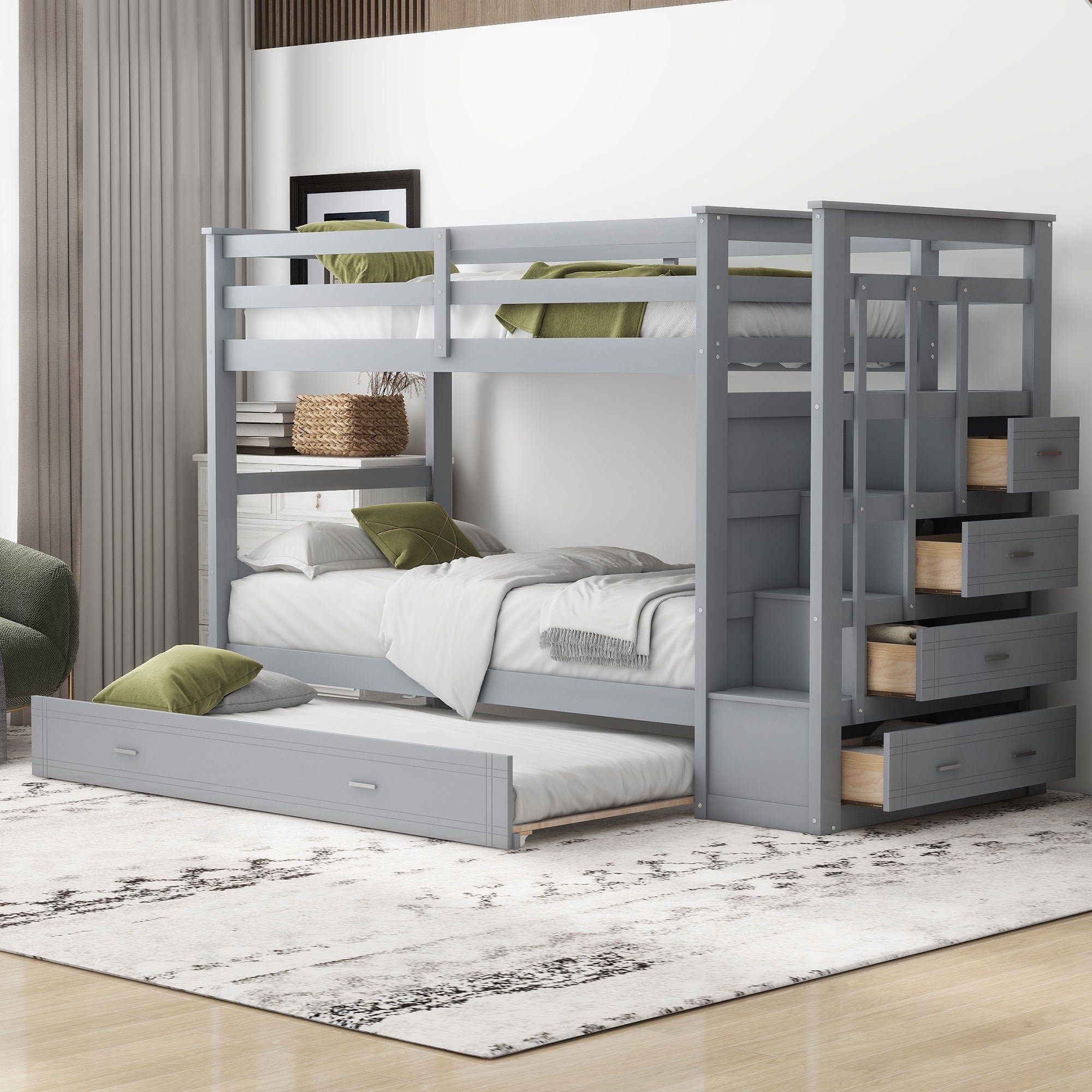 Twin Over Twin Bunk Bed with Trundle and Staircase,Gray image 1