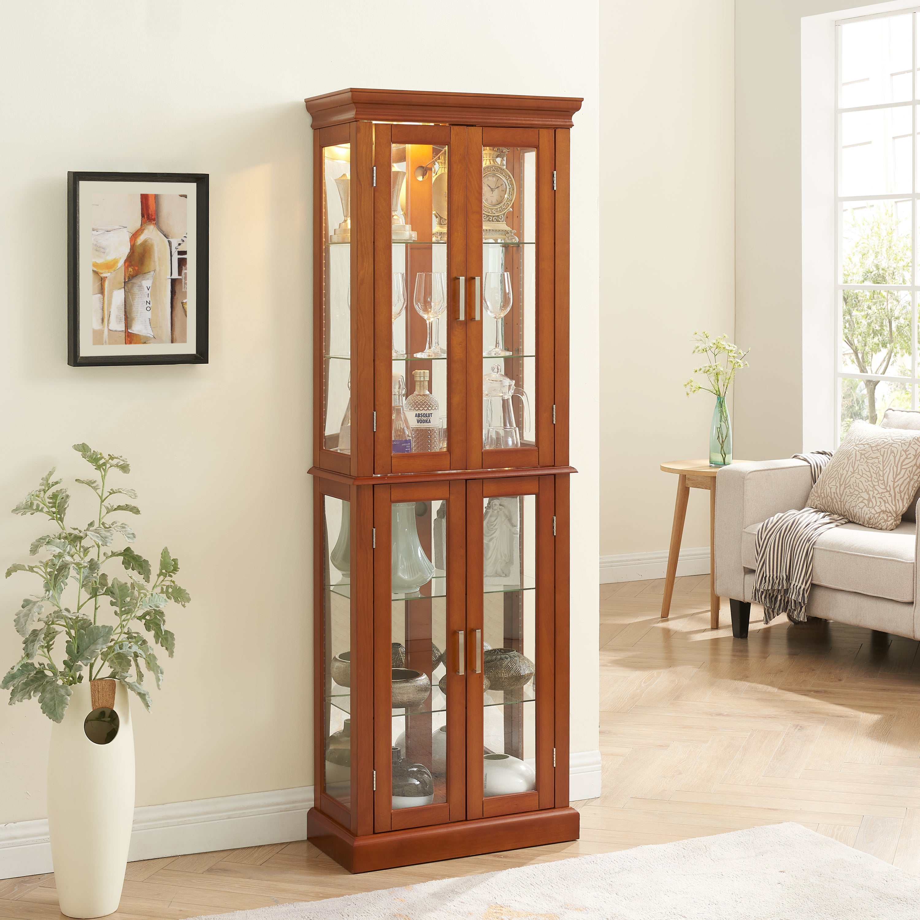 Curio Cabinet Lighted Curio Diapaly Cabinet with Adjustable Shelves and Mirrored Back Panel, Tempered Glass Doors (Walnut, 6 Tier), (E26 light bulb not included) image 1