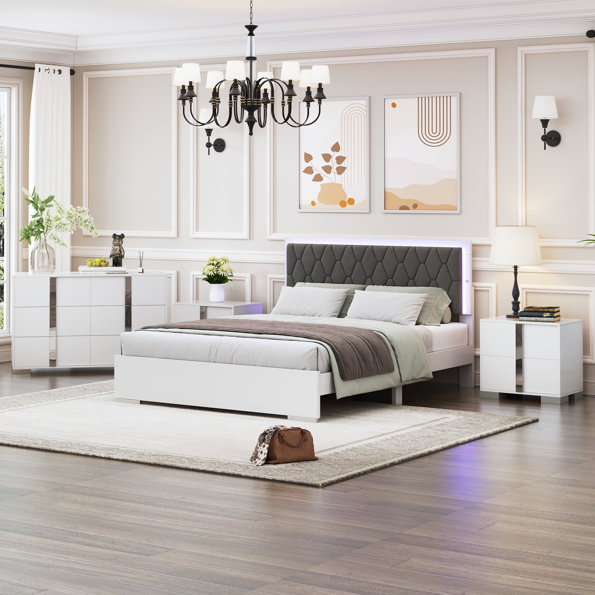 4-Pieces Bedroom Sets Queen Size Upholstered Bed with LED Lights, Mirrored Nightstands and Dresser with Metal Handles and Legs,White image 1
