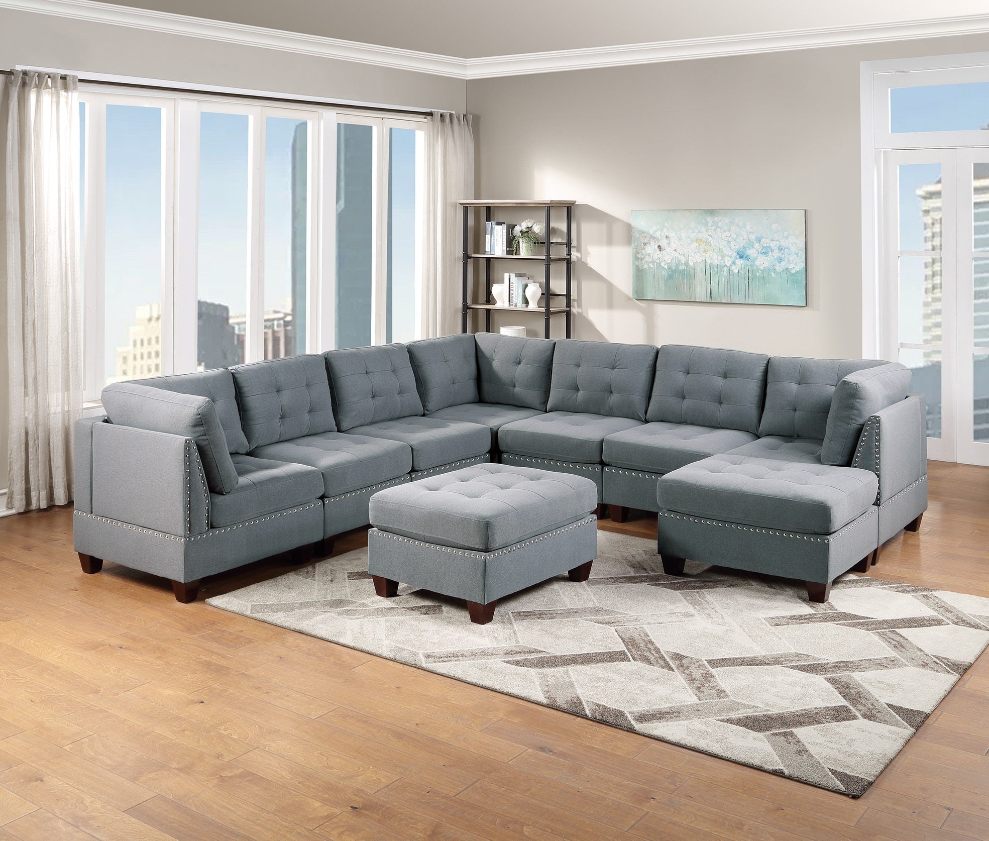 Modular Sectional 9pc Set Living Room Furniture Corner Sectional Tufted Nail heads Couch Gray Linen Like Fabric 3x Corner Wedge 4x Armless Chairs and 2x Ottomans image 1