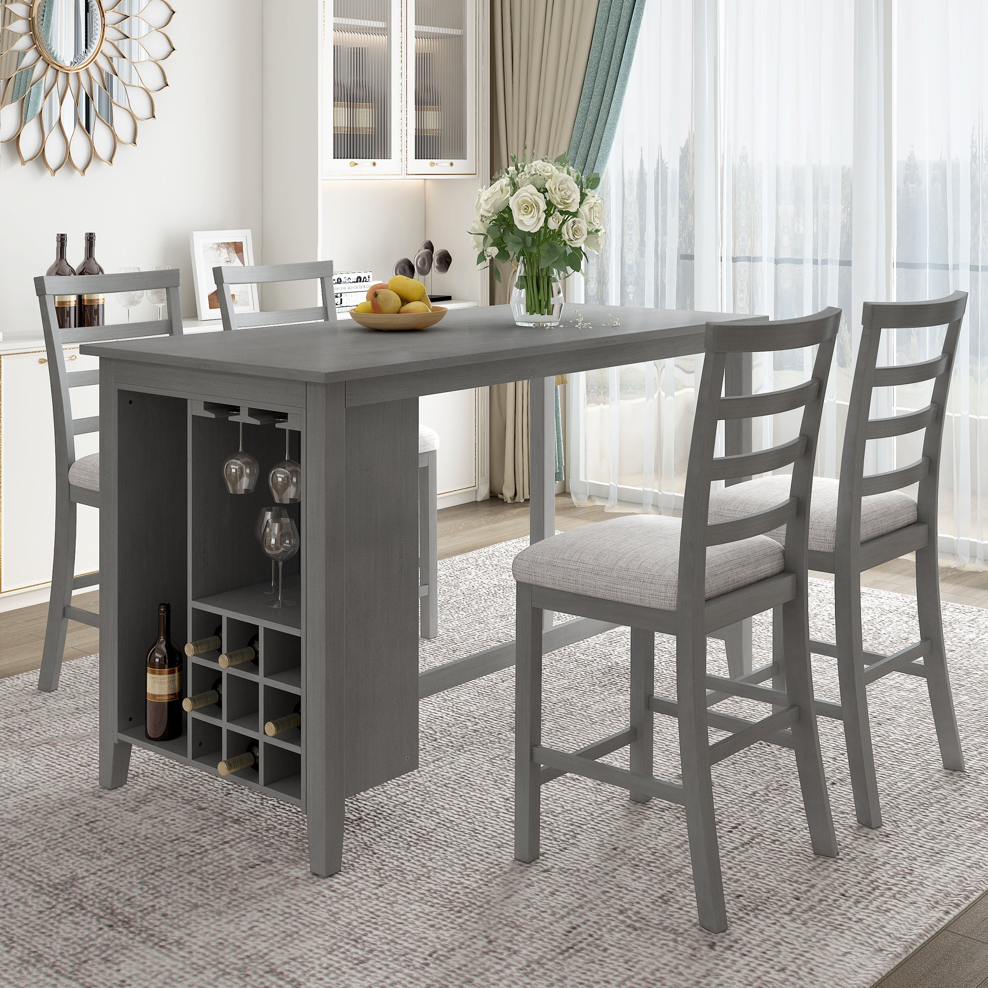 5-Piece Multi-Functional Rubber Wood Counter Height Dining Set with Padded Chairs and Integrated 9 Bar Wine Compartment, Wineglass Holders for Dining Room (Gray) image 1