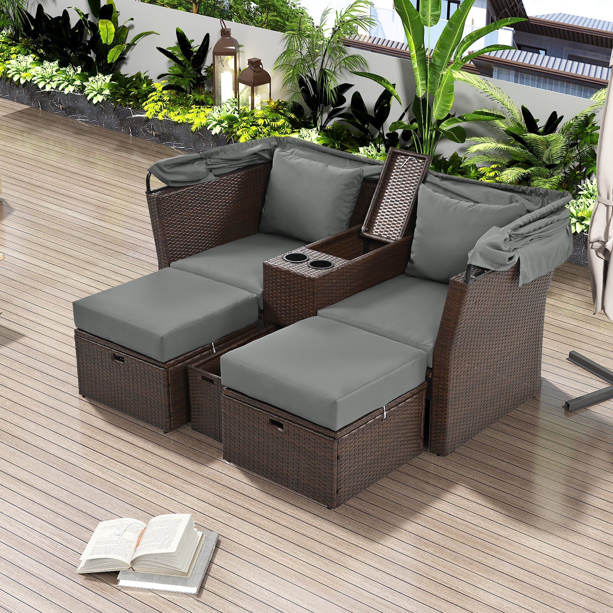2-Seater Outdoor Patio Daybed Outdoor Double Daybed Outdoor Loveseat Sofa Set with Foldable Awning and Cushions for Garden, Balcony, Poolside, Grey image 1