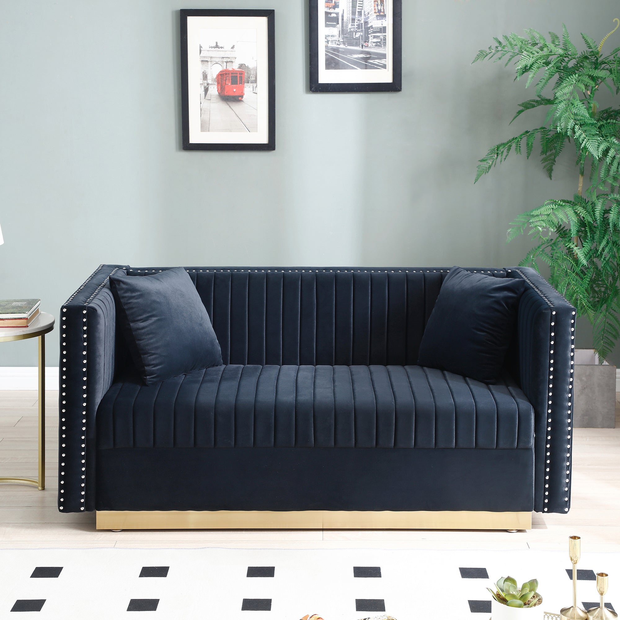 Contemporary Vertical Channel Tufted Velvet Sofa Loveseat Modern Upholstered 2 Seater Couch for Living Room Apartment with 2 pillows,Black image 1