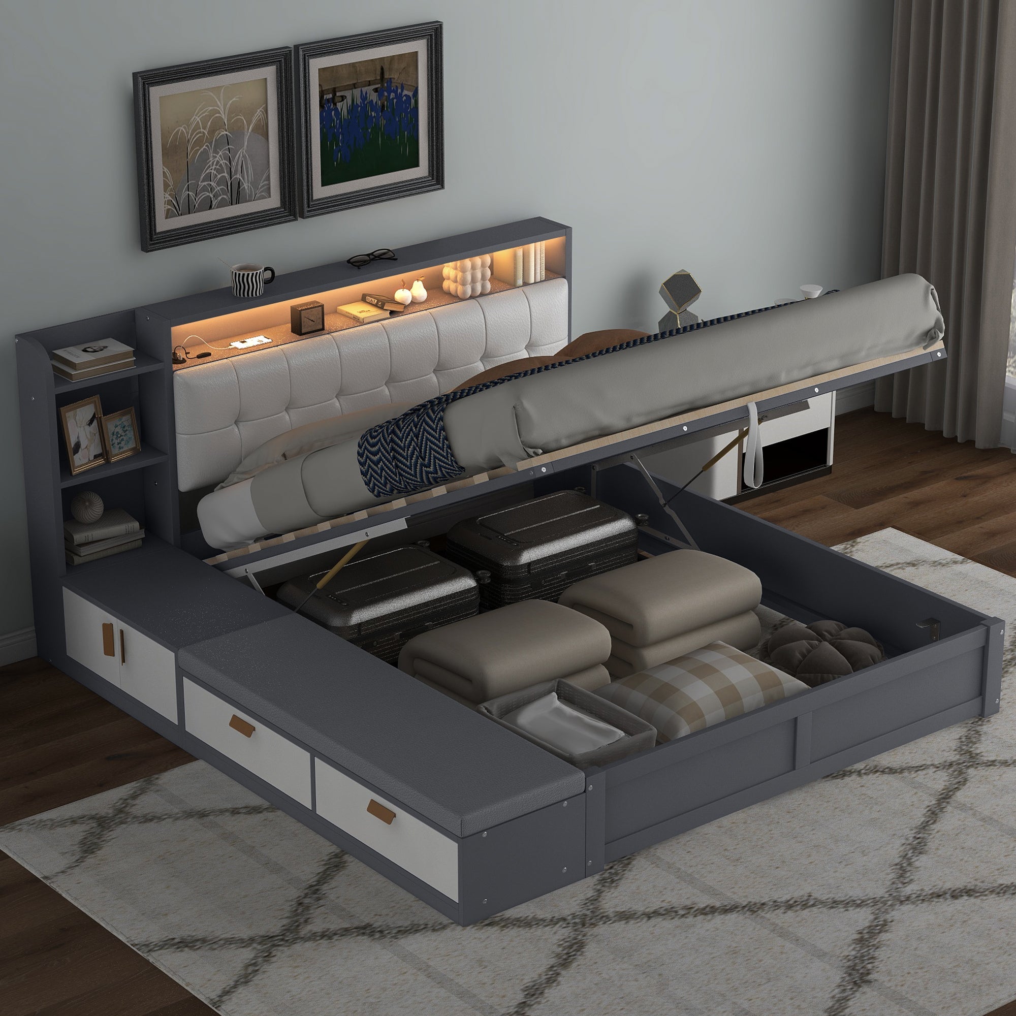 Queen Size Platform Bed Frame with Upholstery Headboard and Storage Shelves and,USB Charging,Gray image 1