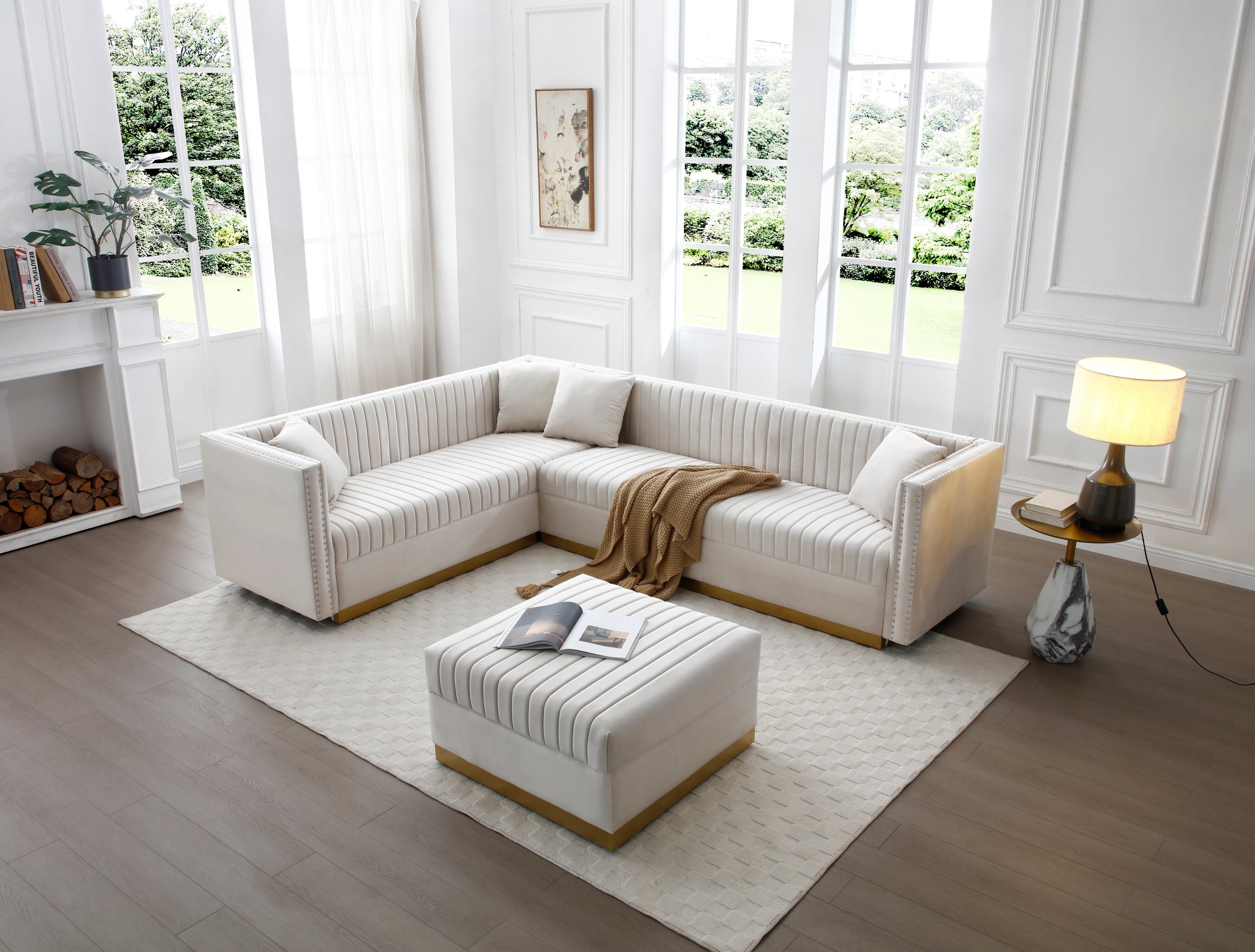 Contemporary Vertical Channel Tufted Velvet Sectional Sofa Modern Upholstered Corner Couch for Living Room Apartment with Ottoman and 4 pillows,Beige image 1