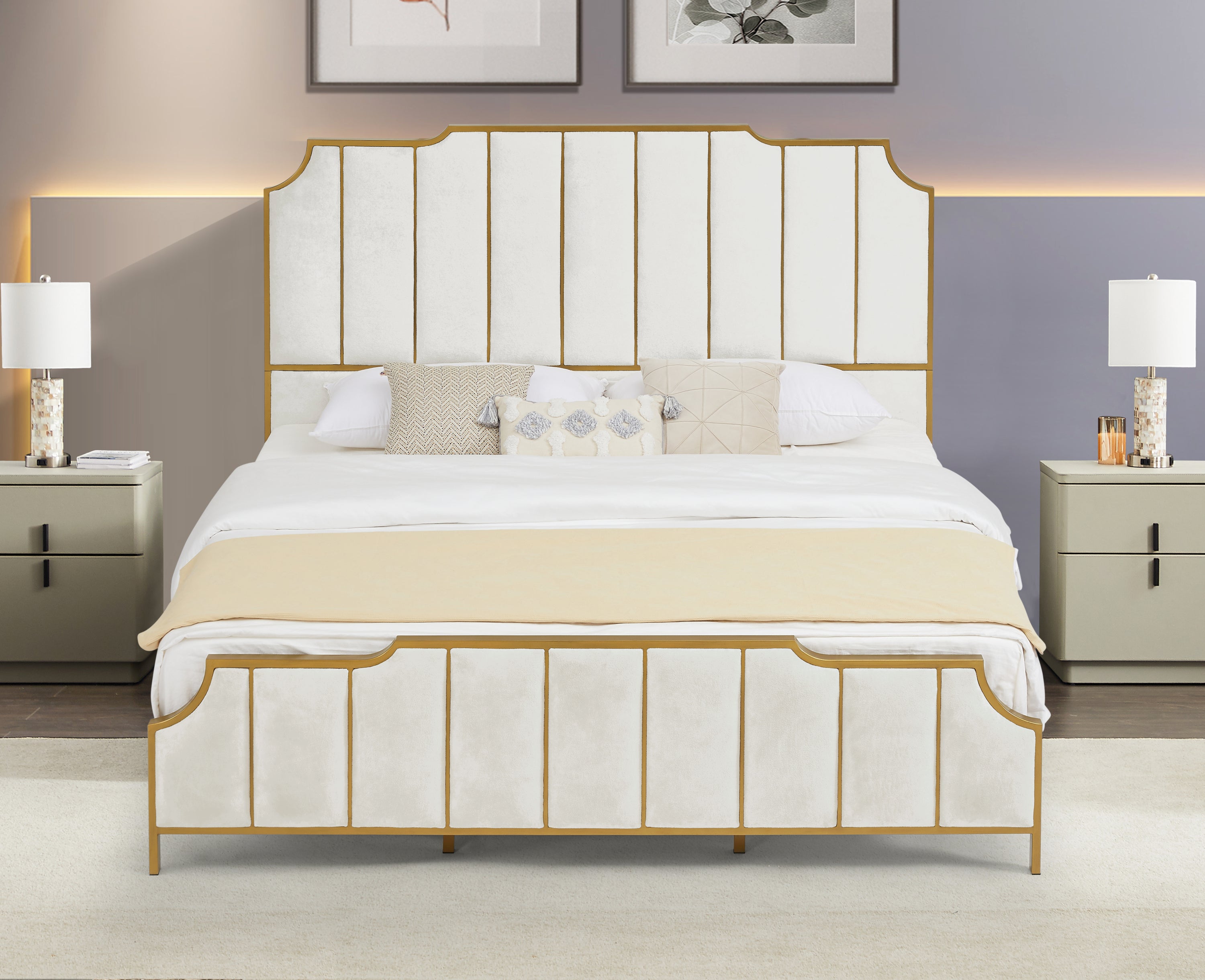 King Size Bed Frame,Upholstered Platform Bed & High headboard with Wood Slat Support,No Box Spring Needed,Easy Assembly, Velvet White image 1