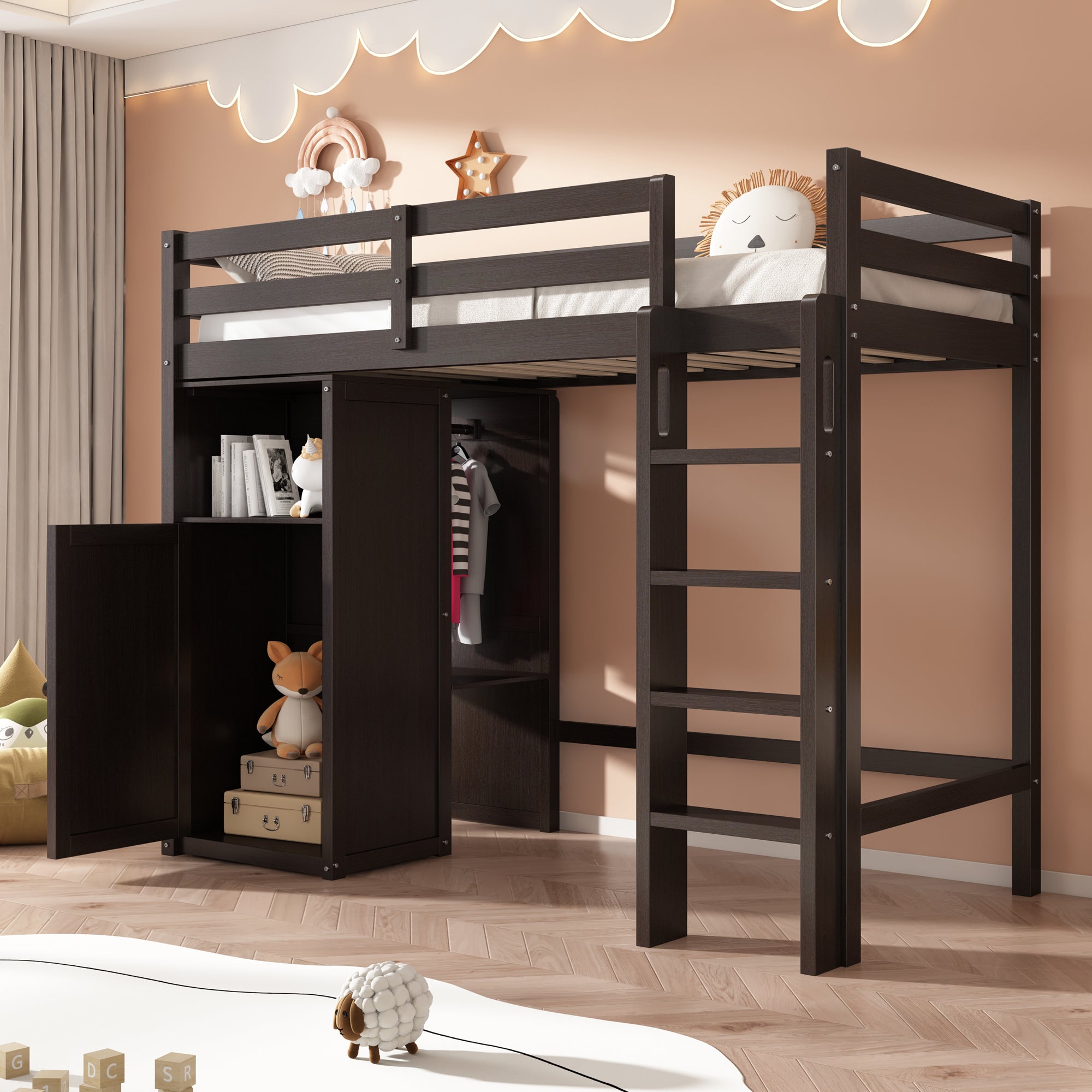 Twin Loft Bed with Wardrobe, Storage Shelves and Ladder, Espresso image 1