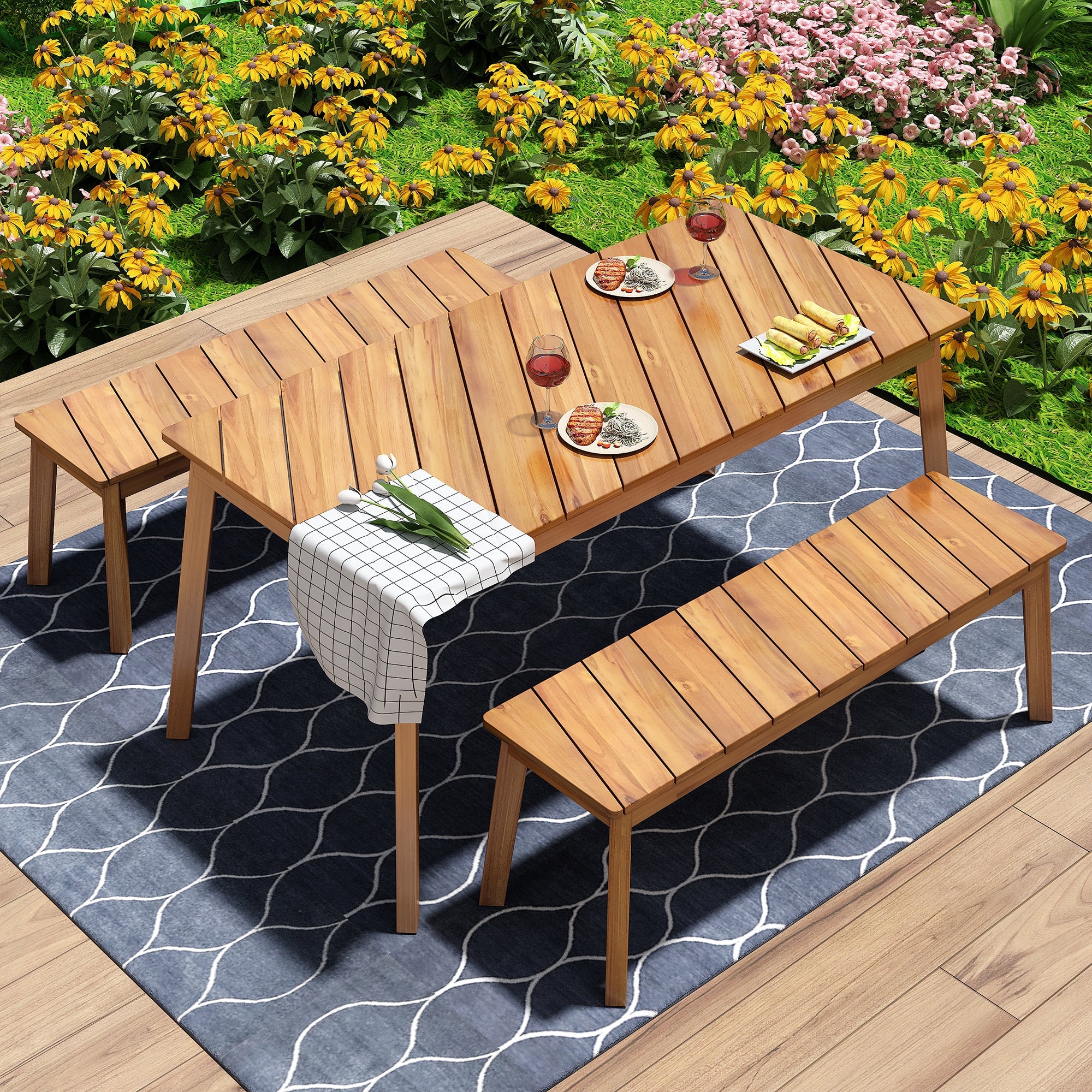 GO 3 Pieces Acacia Wood Table Bench Dining Set For Outdoor & Indoor Furniture With 2 Benches, Picnic Beer Table for Patio, Porch, Garden, Poolside, Natural image 1